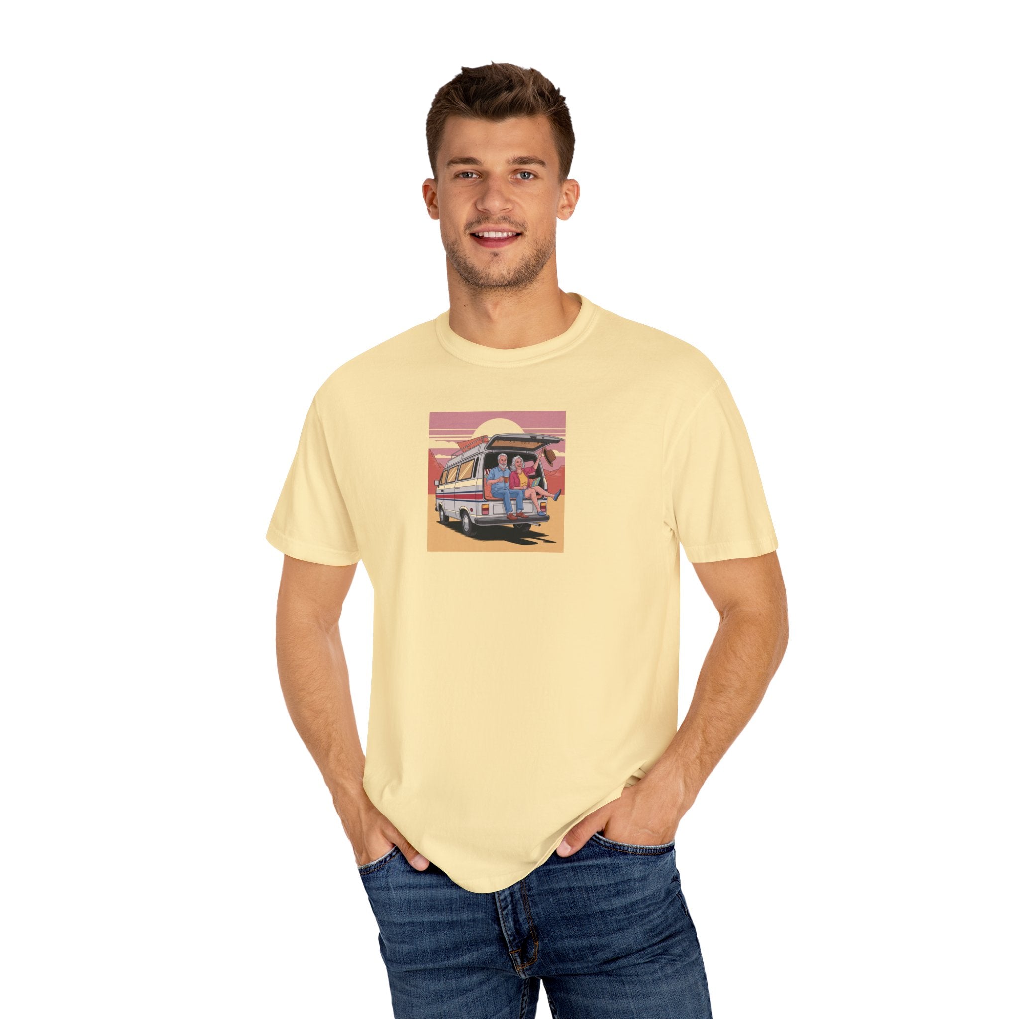 Old Couple Van Life Desert Tee – Comfort Colors 1717 (Banana Yellow Scenic Graphic Shirt)