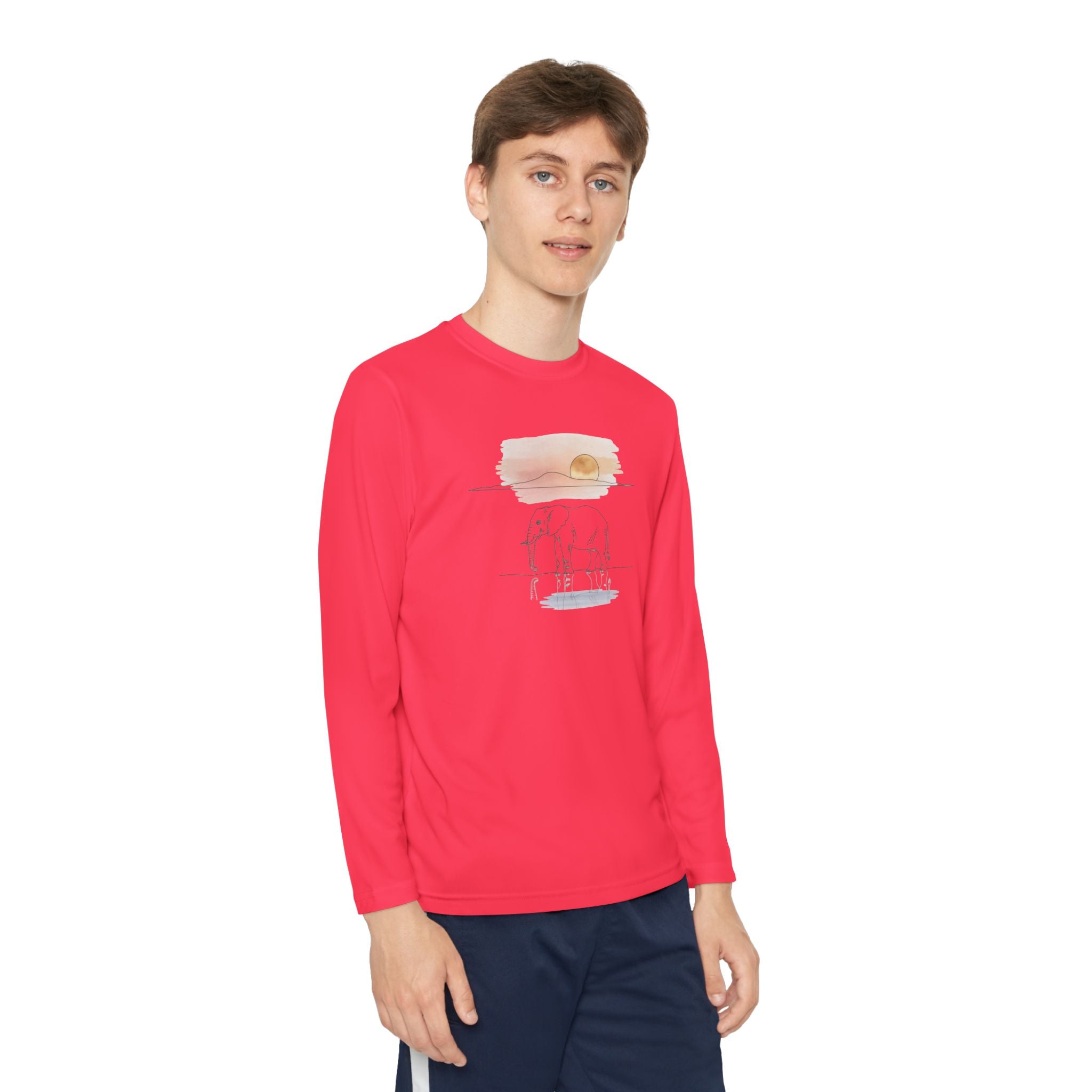 Elephant Watercolor Youth Long Sleeve – Sport-Tek YST350LS (Hot Coral Kids Nature Performance Shirt)