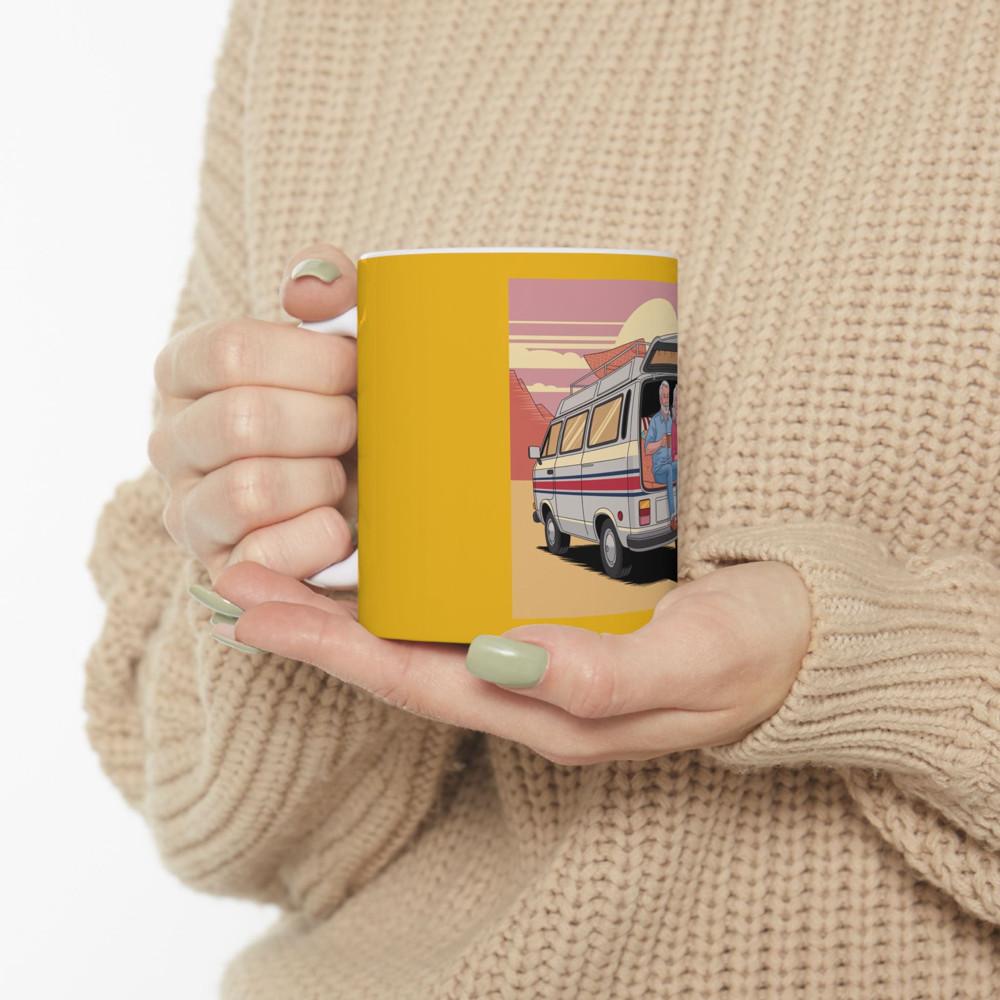 Old Couple Van Life Desert Mug – Yellow Ceramic Coffee Cup (11oz or 15oz Scenic Camper Design)