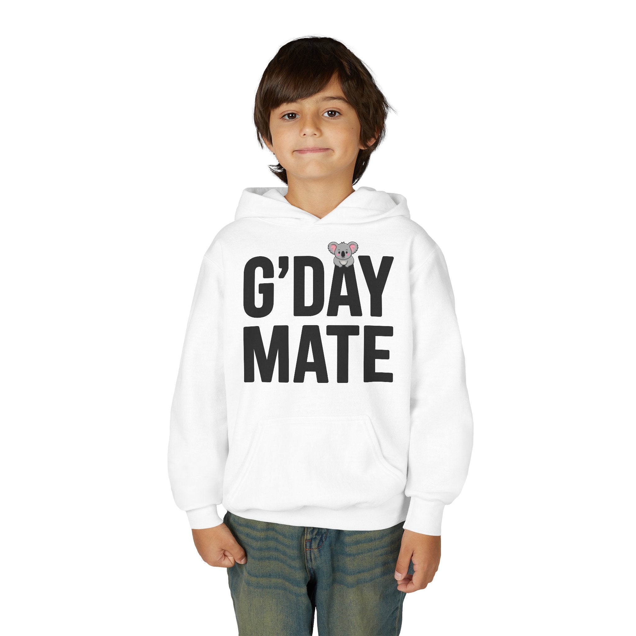 G’DAY MATE Youth Hoodie – Gildan 18500B (White or Gold Kids Greeting Sweatshirt)