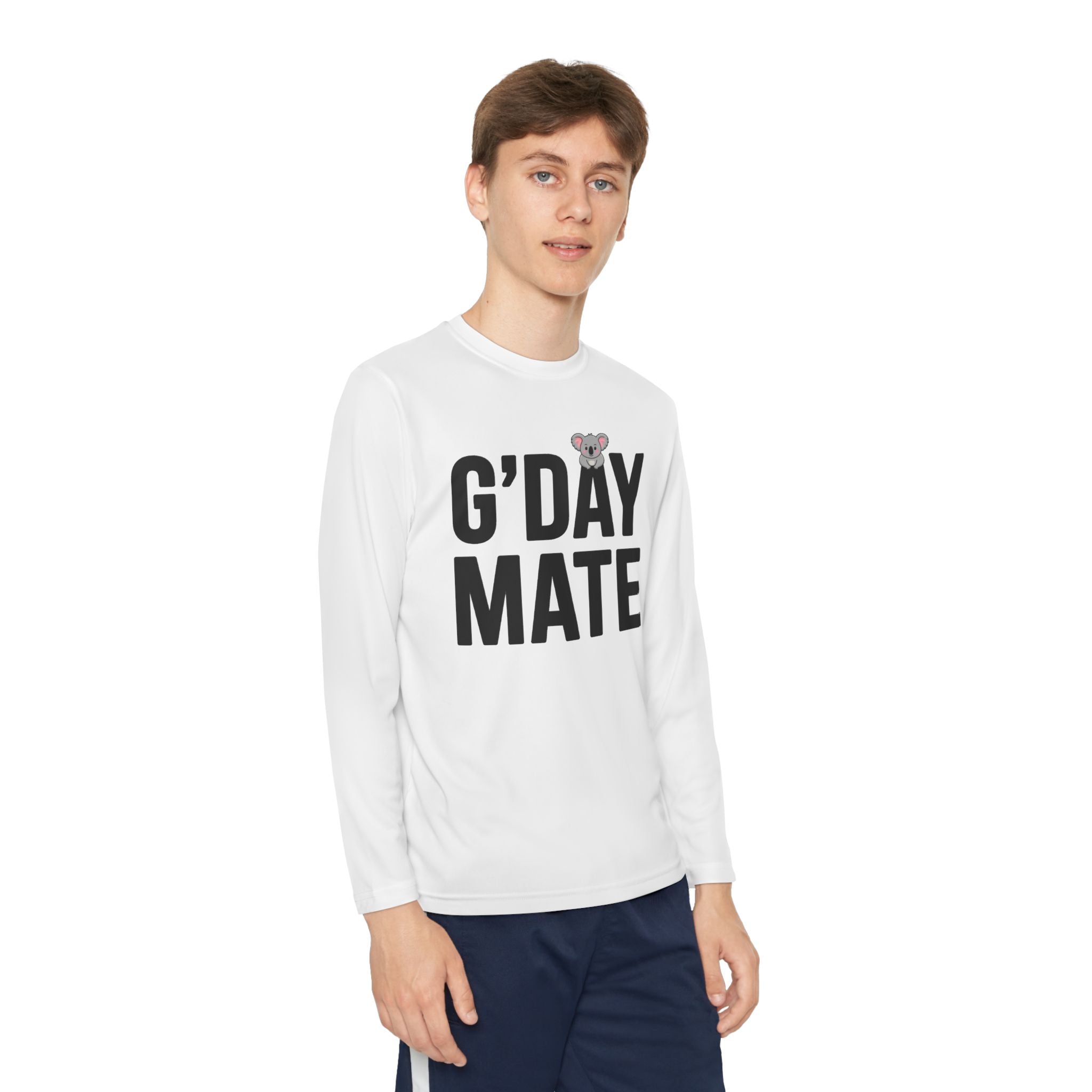 G’DAY MATE Youth Long Sleeve – Sport-Tek YST350LS (White or Gold Kids Performance Shirt)