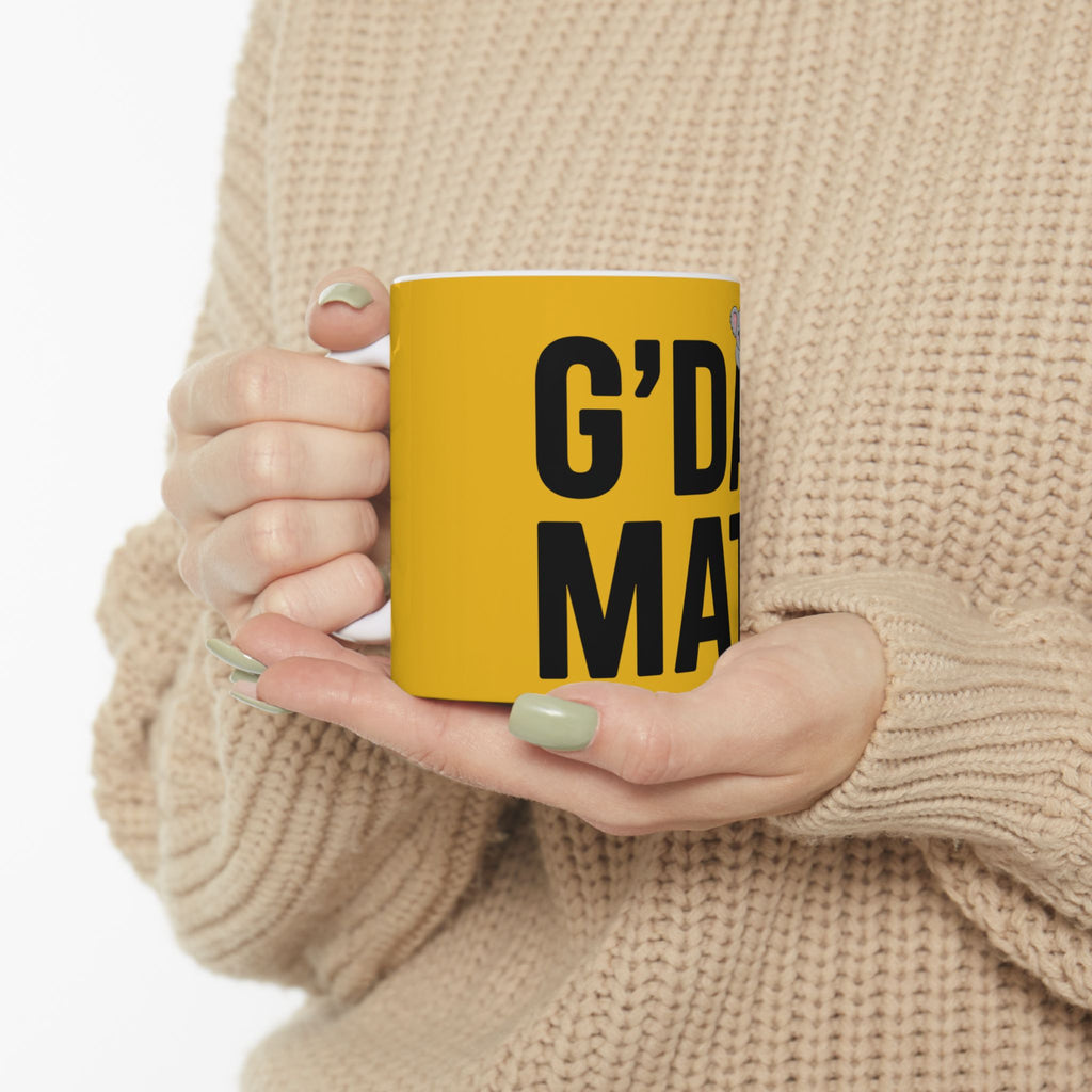 G’DAY MATE Mug – Yellow Ceramic Coffee Cup (11oz or 15oz Greeting Design)