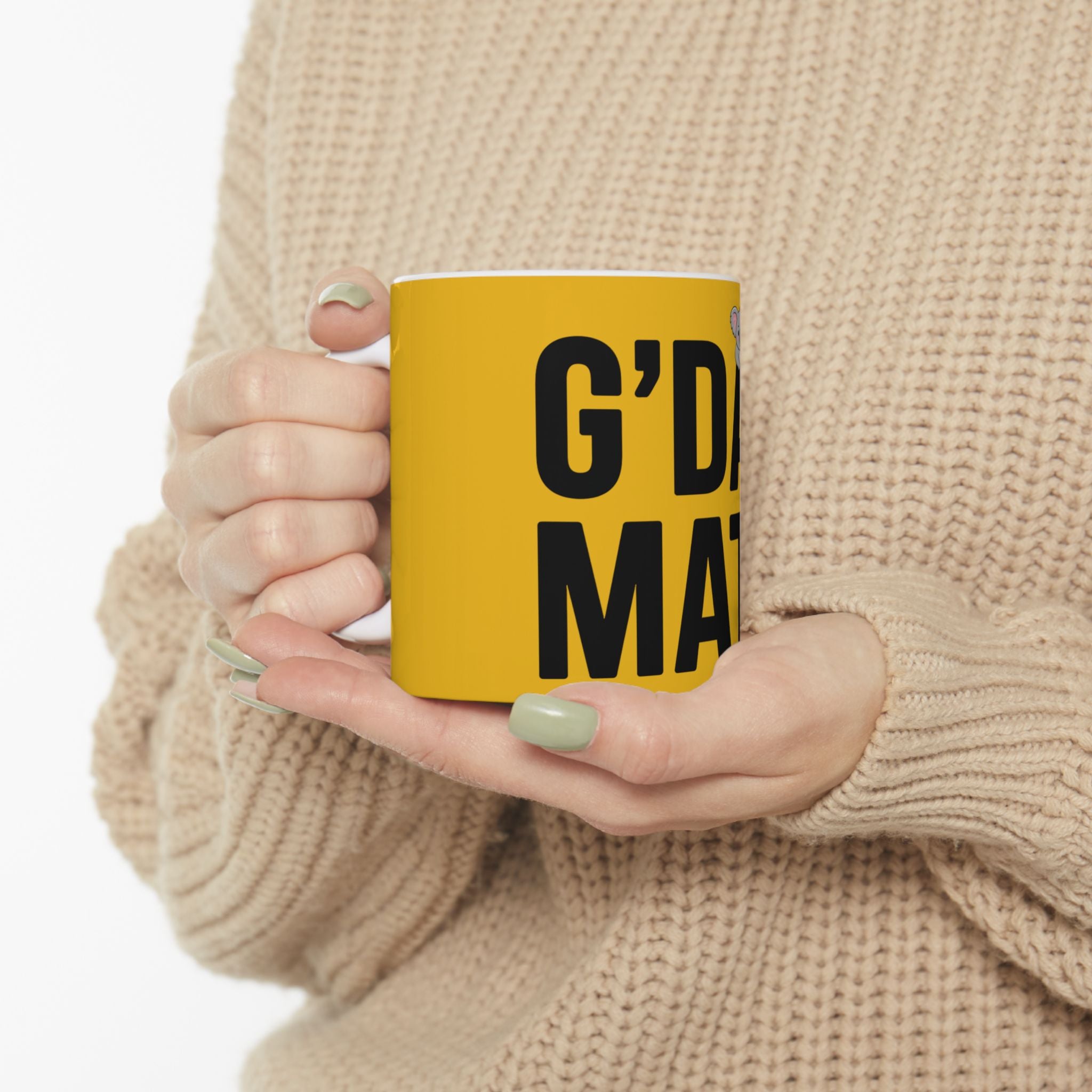 G’DAY MATE Mug – Yellow Ceramic Coffee Cup (11oz or 15oz Greeting Design)