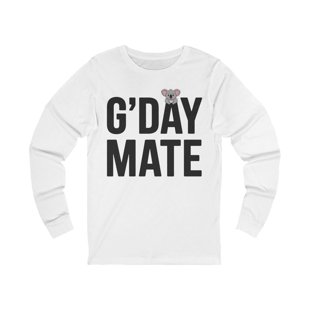 G’DAY MATE Long Sleeve Tee – Bella+Canvas 3501 (White or Red Unisex Greeting Shirt)