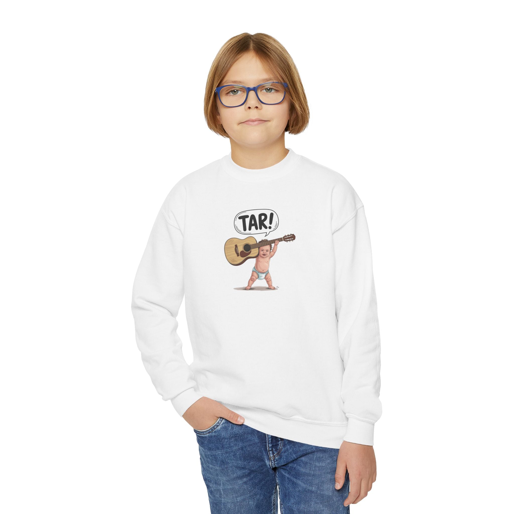 Tar! Acoustic Youth Sweatshirt – Gildan 18000B (White Kids Guitar Crewneck)