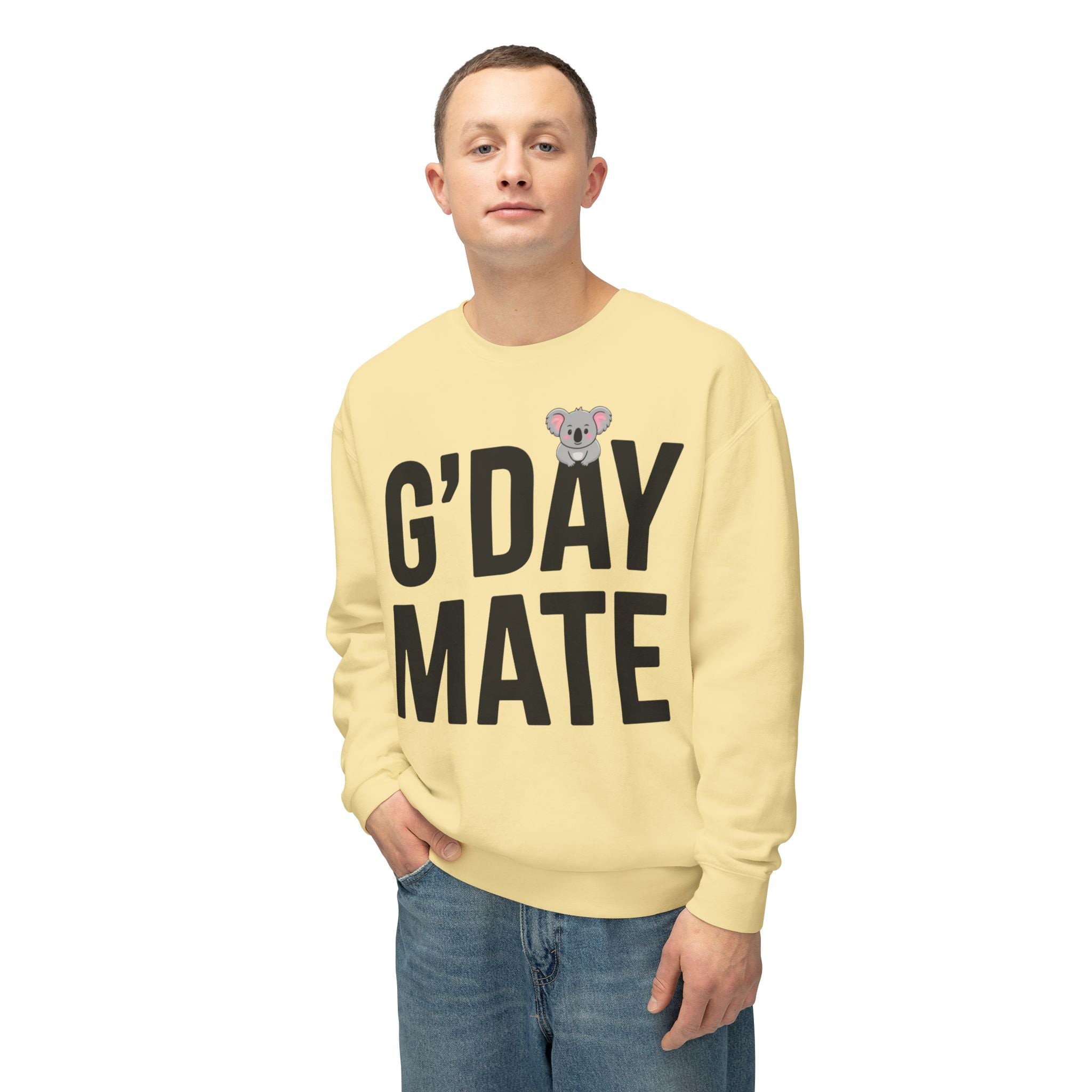 G’DAY MATE Sweatshirt – Comfort Colors 1466 (White or Butter Unisex Greeting Crewneck)