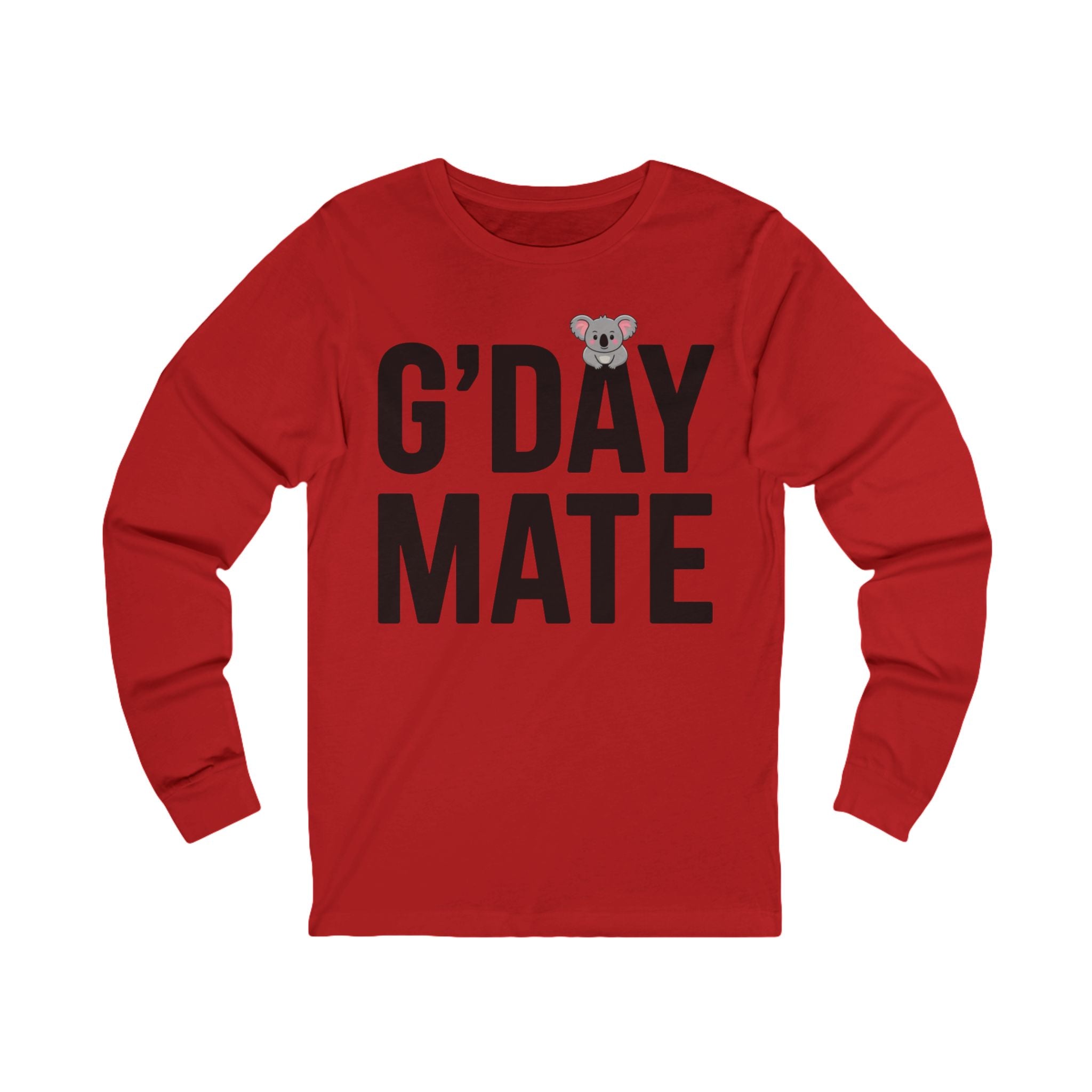 G’DAY MATE Long Sleeve Tee – Bella+Canvas 3501 (White or Red Unisex Greeting Shirt)