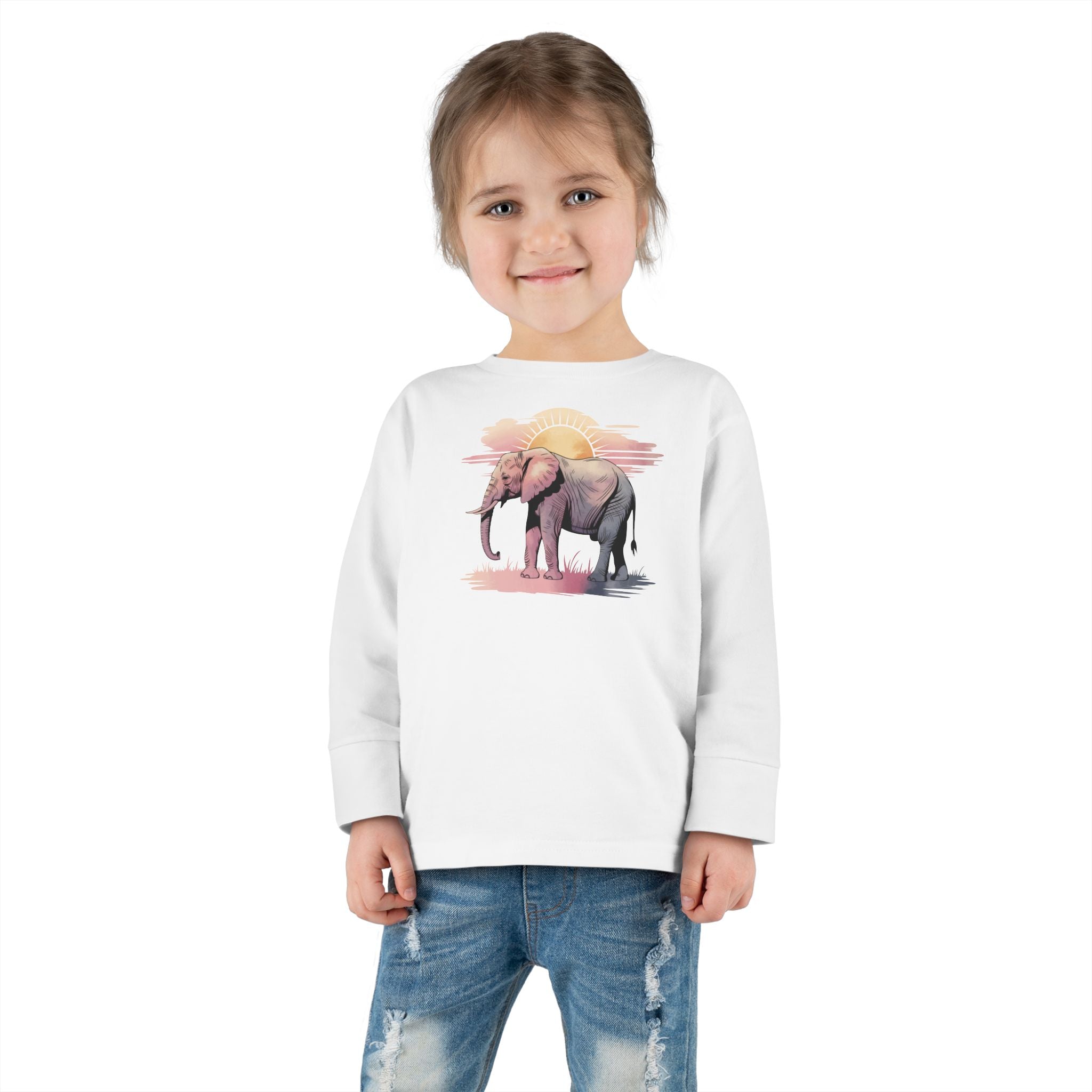 Elephant Watercolor Toddler Long Sleeve – Rabbit Skins 3302 (White Kids Nature Shirt)