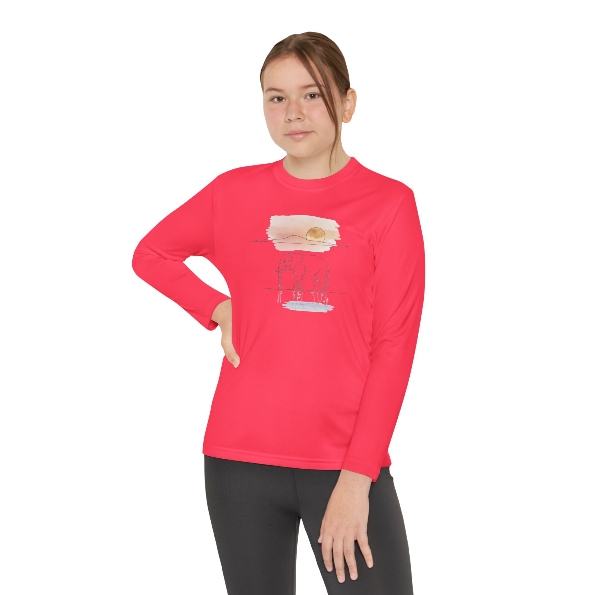 Elephant Watercolor Youth Long Sleeve – Sport-Tek YST350LS (Hot Coral Kids Nature Performance Shirt)