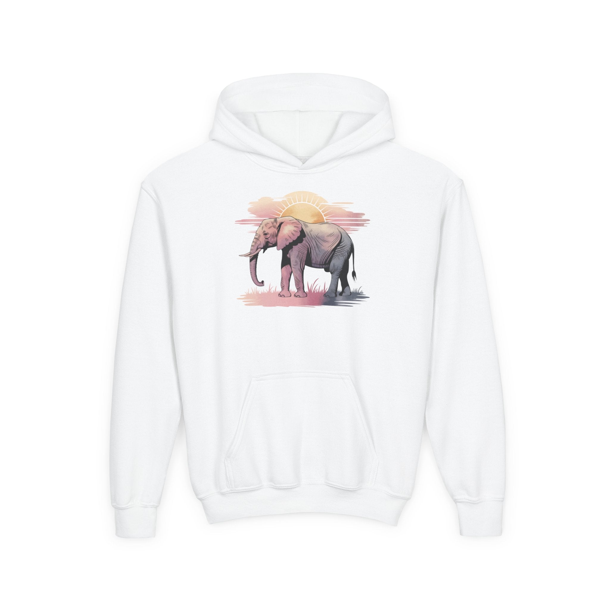 Elephant Watercolor Youth Hoodie – Gildan 18500B (White Kids Nature Sweatshirt)