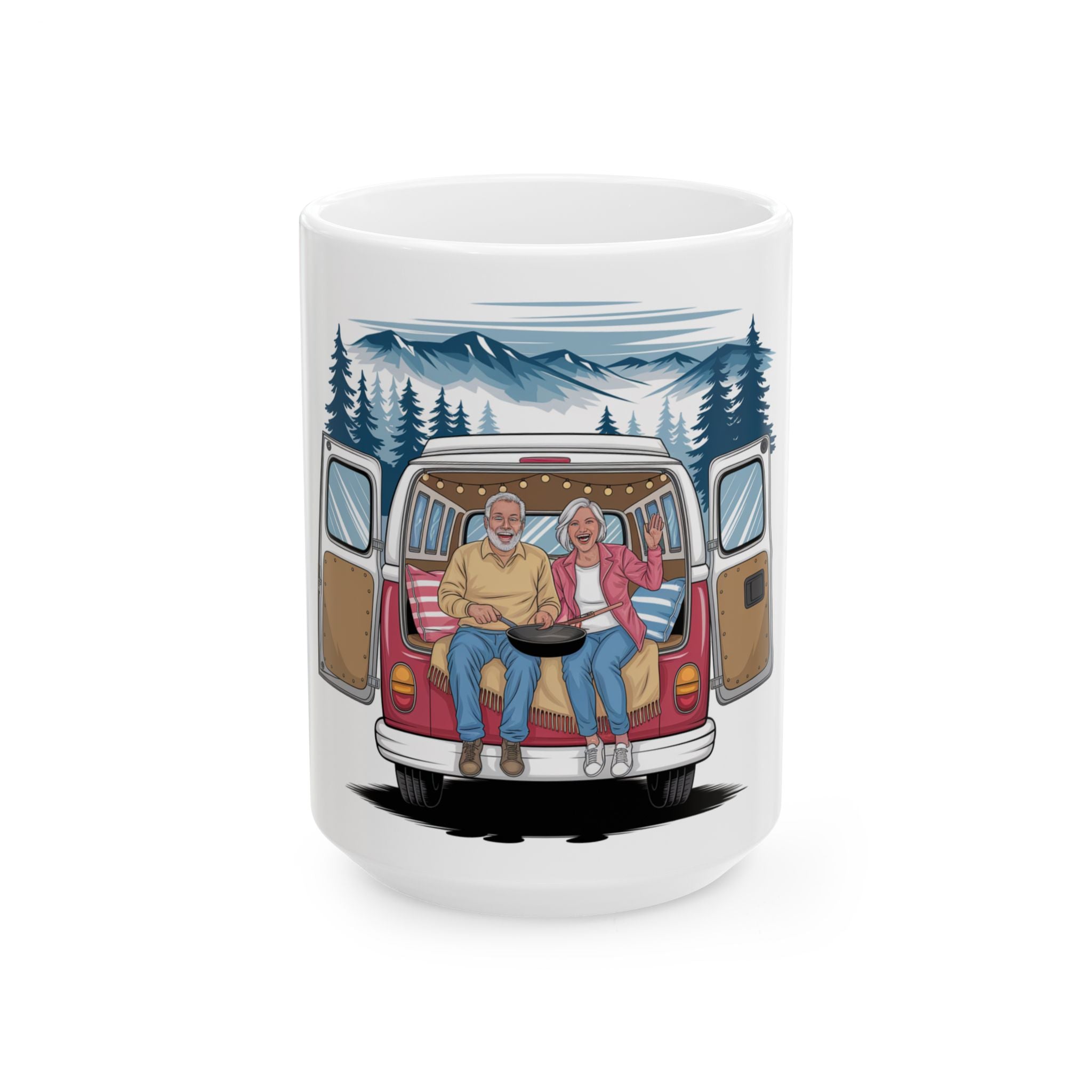 Old Couple Van Life Appalachia Mug – White Ceramic Coffee Cup (11oz or 15oz Mountain Camper Design)