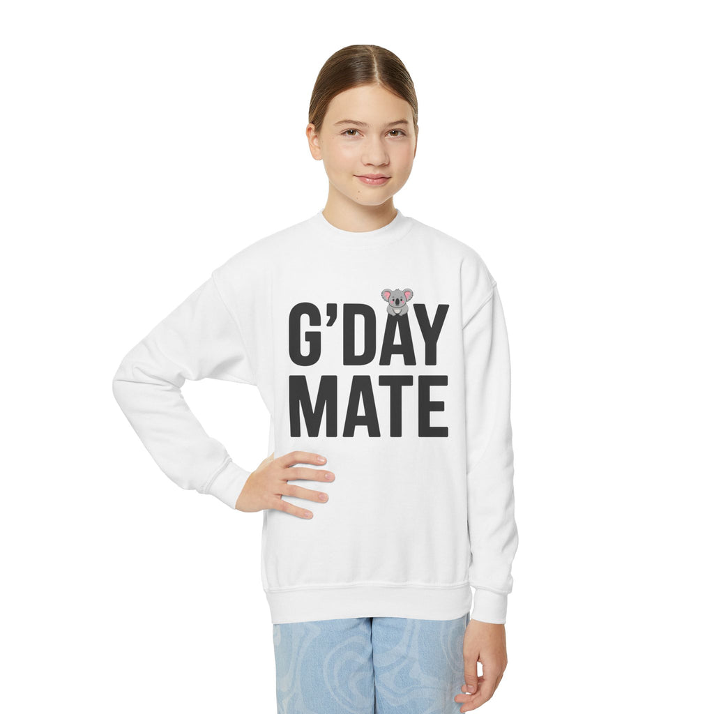 G’DAY MATE Youth Sweatshirt – Gildan 18000B (White or Red Kids Greeting Crewneck)