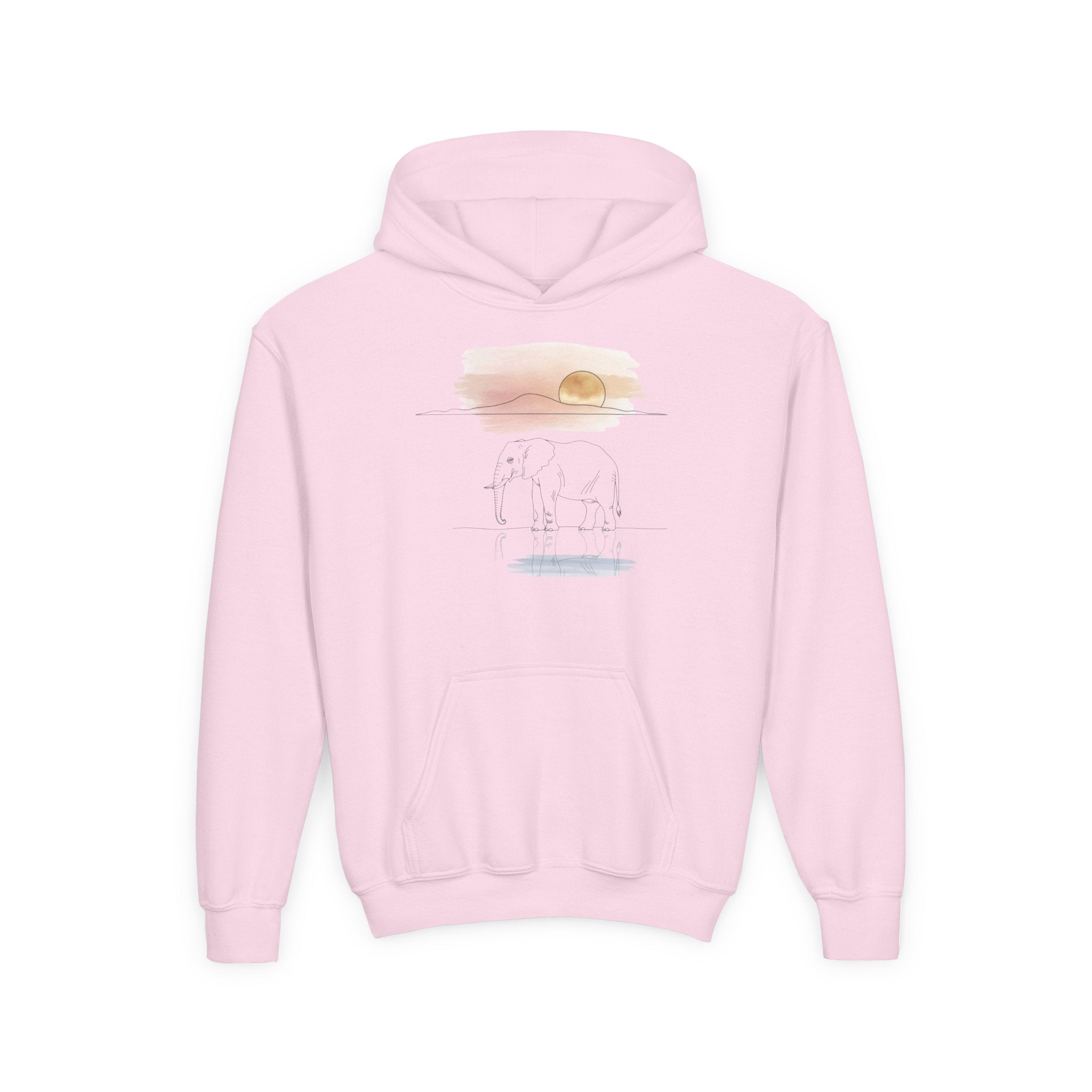 Elephant Watercolor Youth Hoodie – Gildan 18500B (Light Pink Kids Nature Sweatshirt)