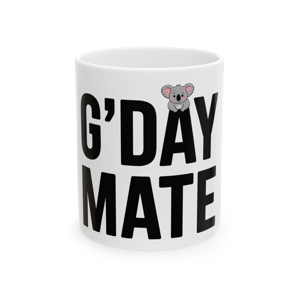 G’DAY MATE Mug – White Ceramic Coffee Cup (11oz or 15oz Greeting Design)
