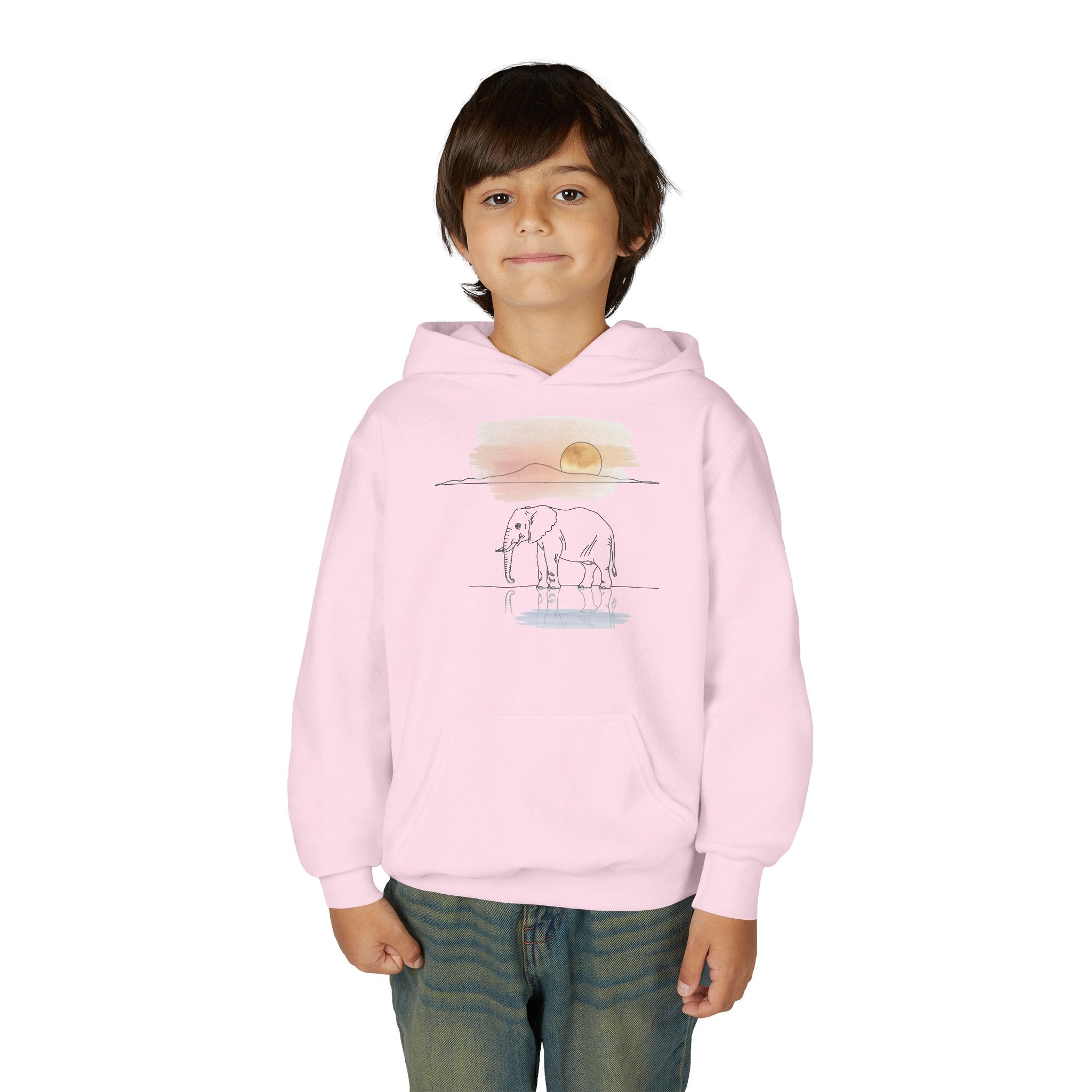 Elephant Watercolor Youth Hoodie – Gildan 18500B (Light Pink Kids Nature Sweatshirt)