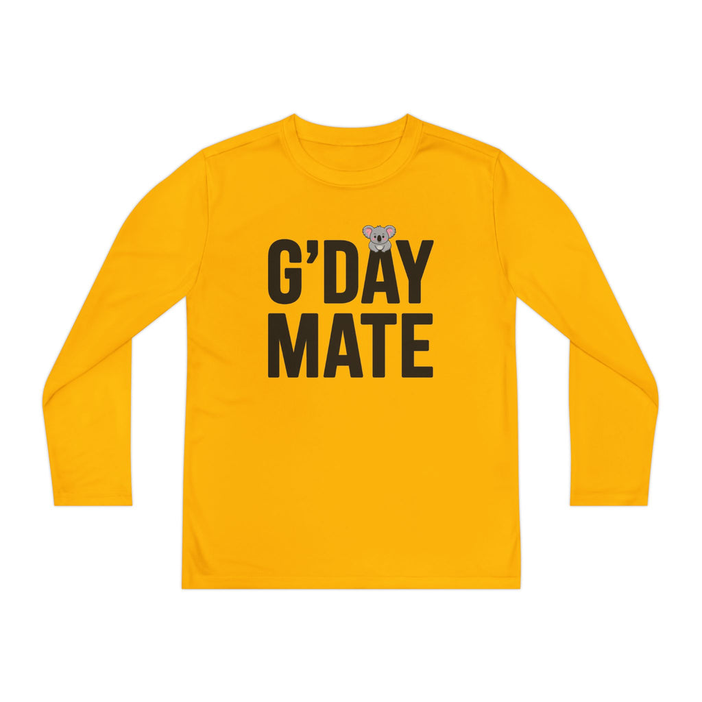 G’DAY MATE Youth Long Sleeve – Sport-Tek YST350LS (White or Gold Kids Performance Shirt)