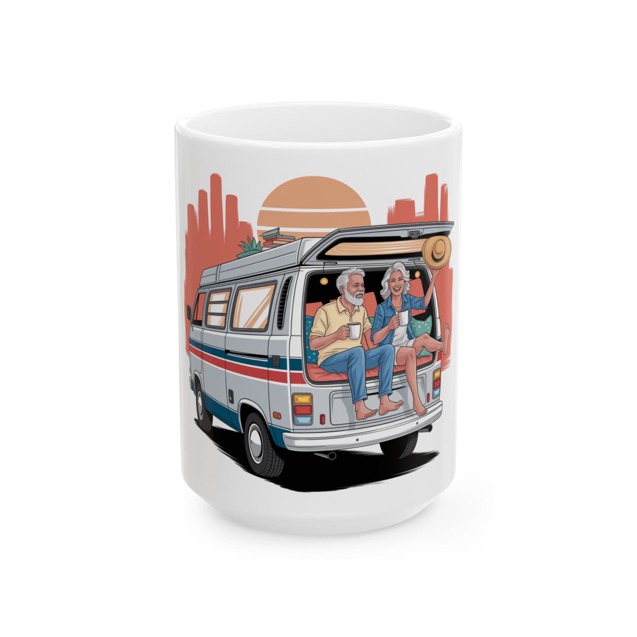 Old Couple Van Life Desert Mug – White Ceramic Coffee Cup (11oz or 15oz Scenic Camper Design)