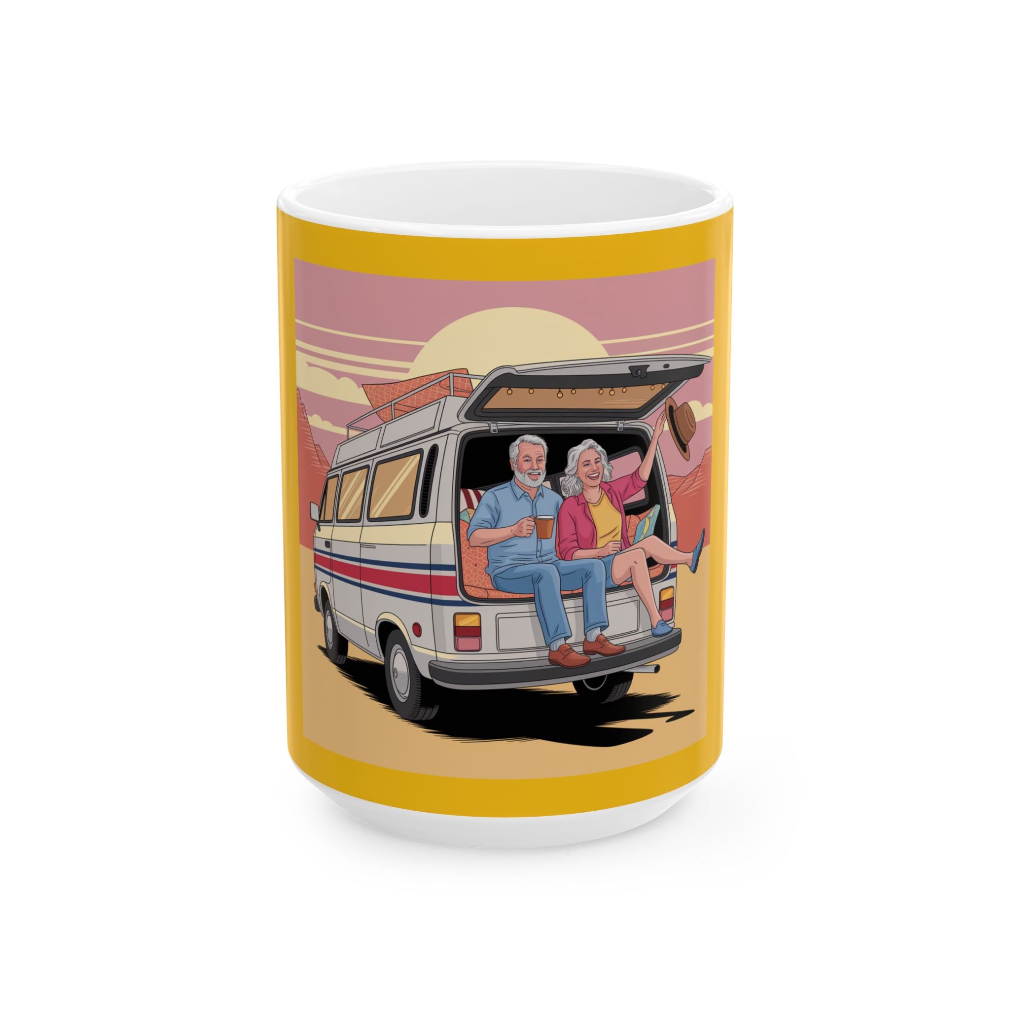 Old Couple Van Life Desert Mug – Yellow Ceramic Coffee Cup (11oz or 15oz Scenic Camper Design)
