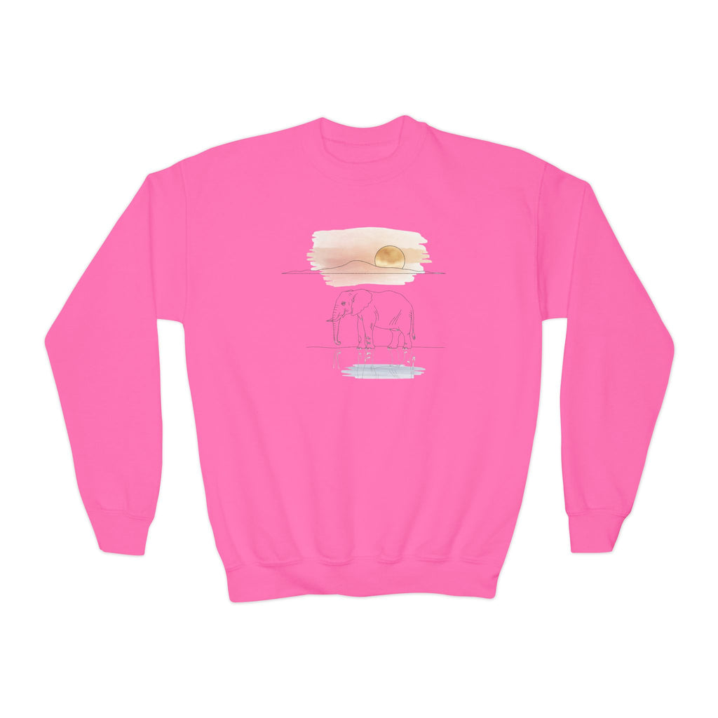 Elephant Watercolor Youth Sweatshirt – Gildan 18000B (Safety Pink Kids Nature Crewneck)