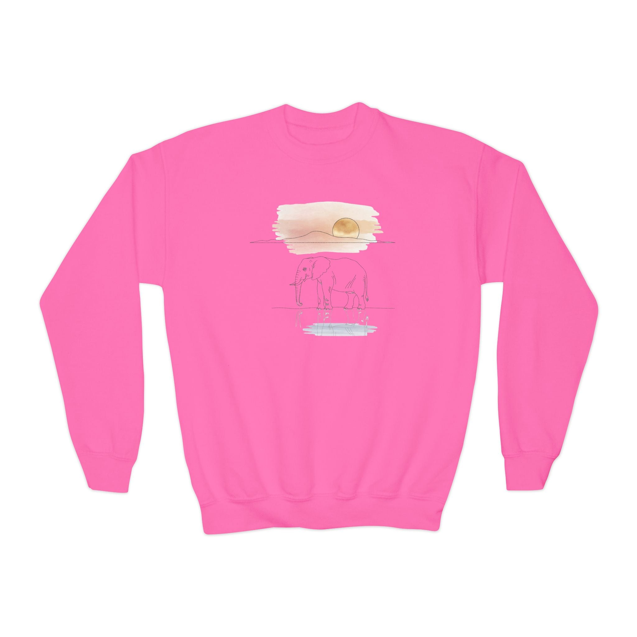Elephant Watercolor Youth Sweatshirt – Gildan 18000B (Safety Pink Kids Nature Crewneck)