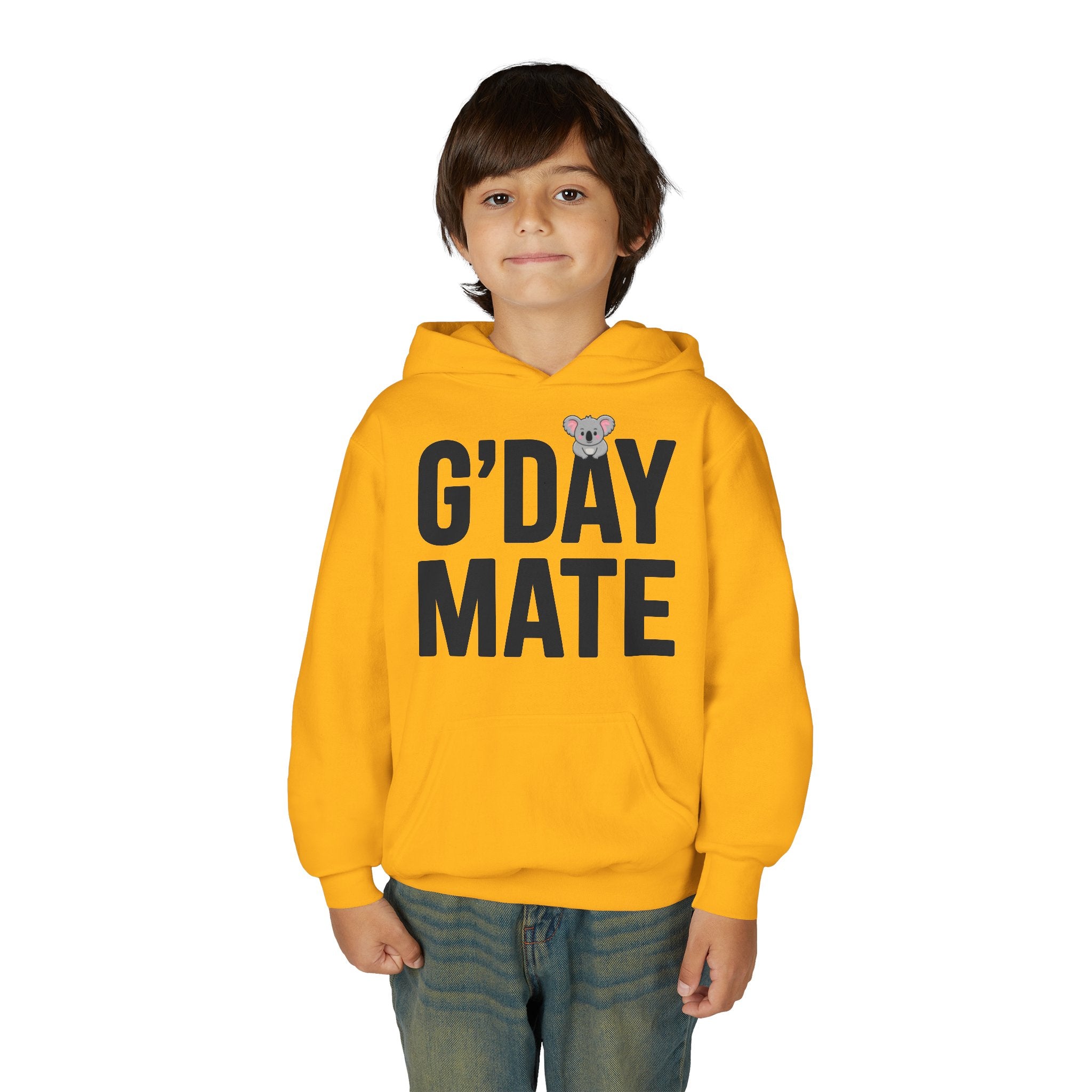 G’DAY MATE Youth Hoodie – Gildan 18500B (White or Gold Kids Greeting Sweatshirt)