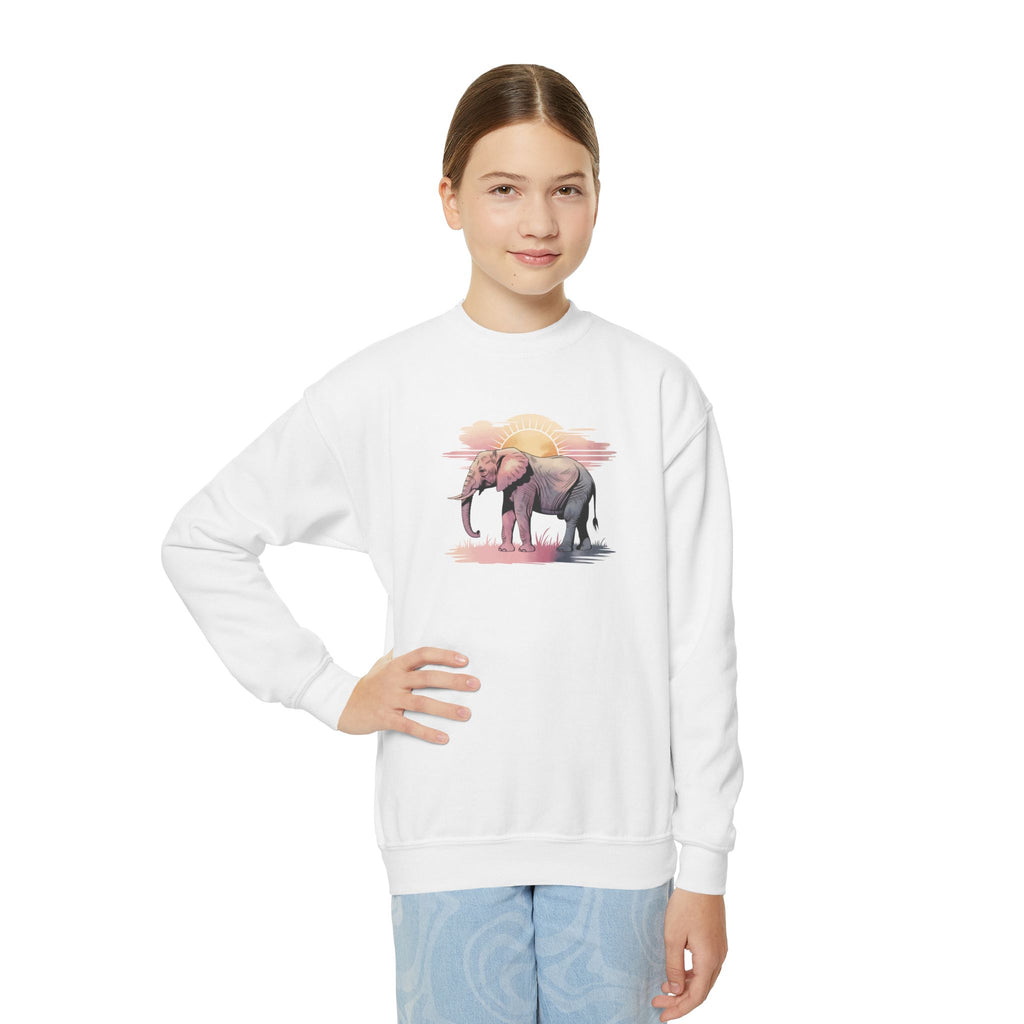 Elephant Watercolor Youth Sweatshirt – Gildan 18000B (White Kids Nature Crewneck)