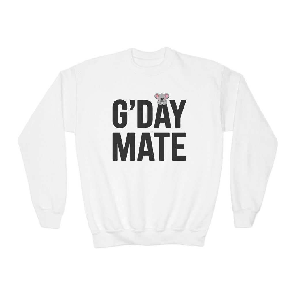 G’DAY MATE Youth Sweatshirt – Gildan 18000B (White or Red Kids Greeting Crewneck)