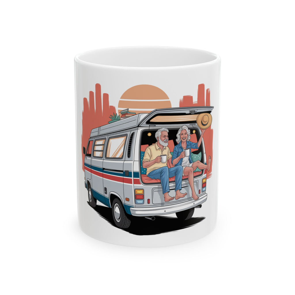 Old Couple Van Life Desert Mug – White Ceramic Coffee Cup (11oz or 15oz Scenic Camper Design)