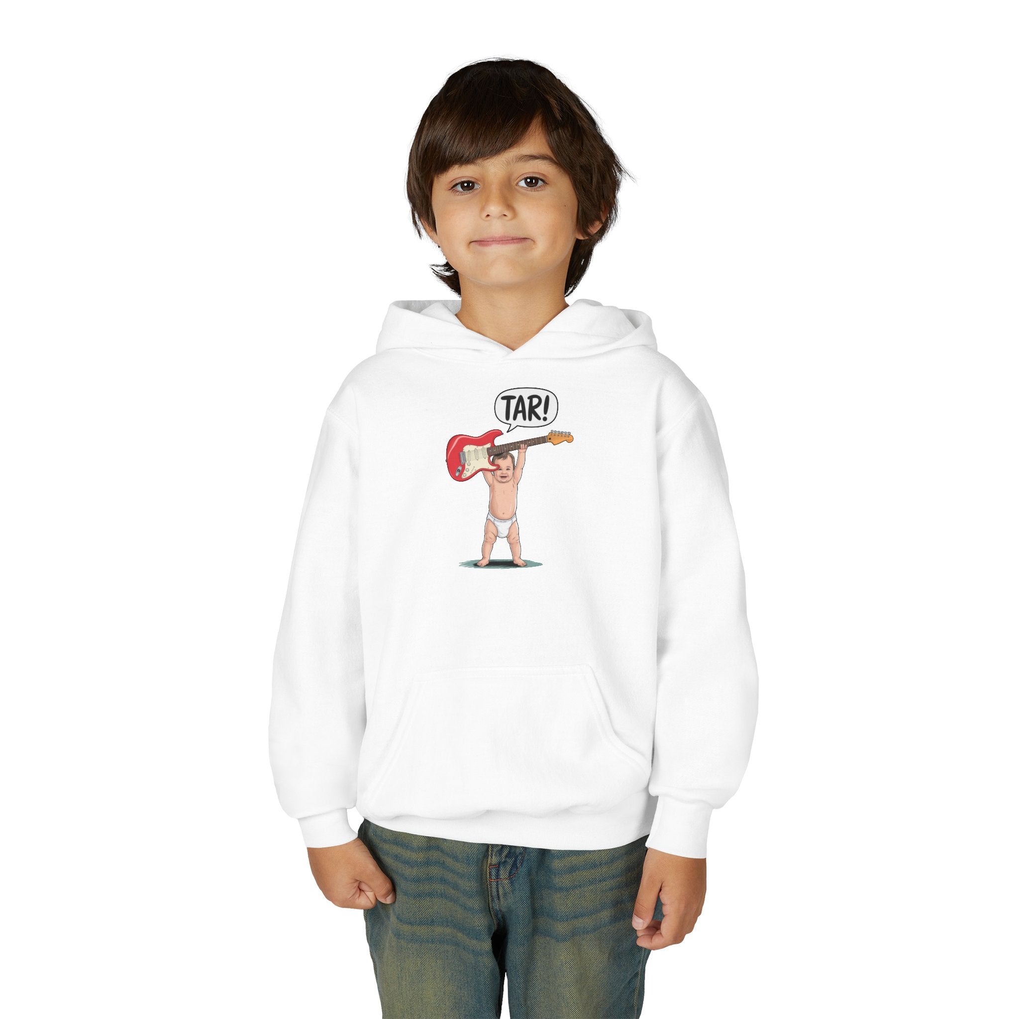 Tar! Electric Youth Hoodie – Gildan 18500B (White Kids Electric Guitar Sweatshirt)