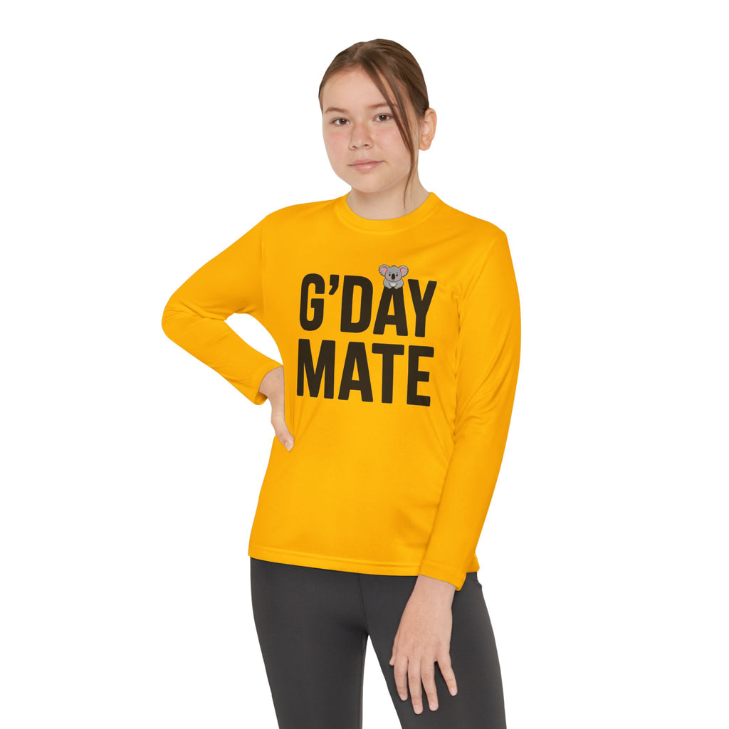 G’DAY MATE Youth Long Sleeve – Sport-Tek YST350LS (White or Gold Kids Performance Shirt)