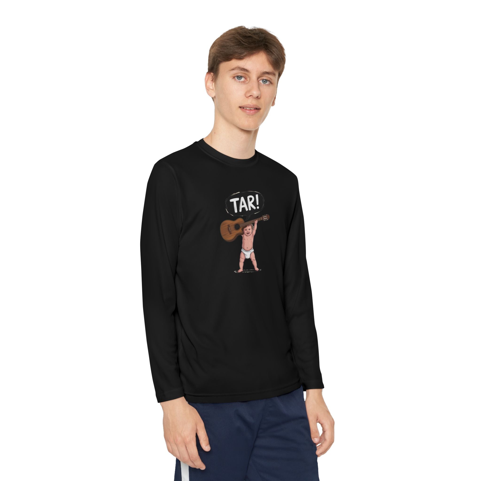 Tar! Acoustic Youth Long Sleeve – Sport-Tek YST350LS (Black Kids Performance Guitar Shirt)