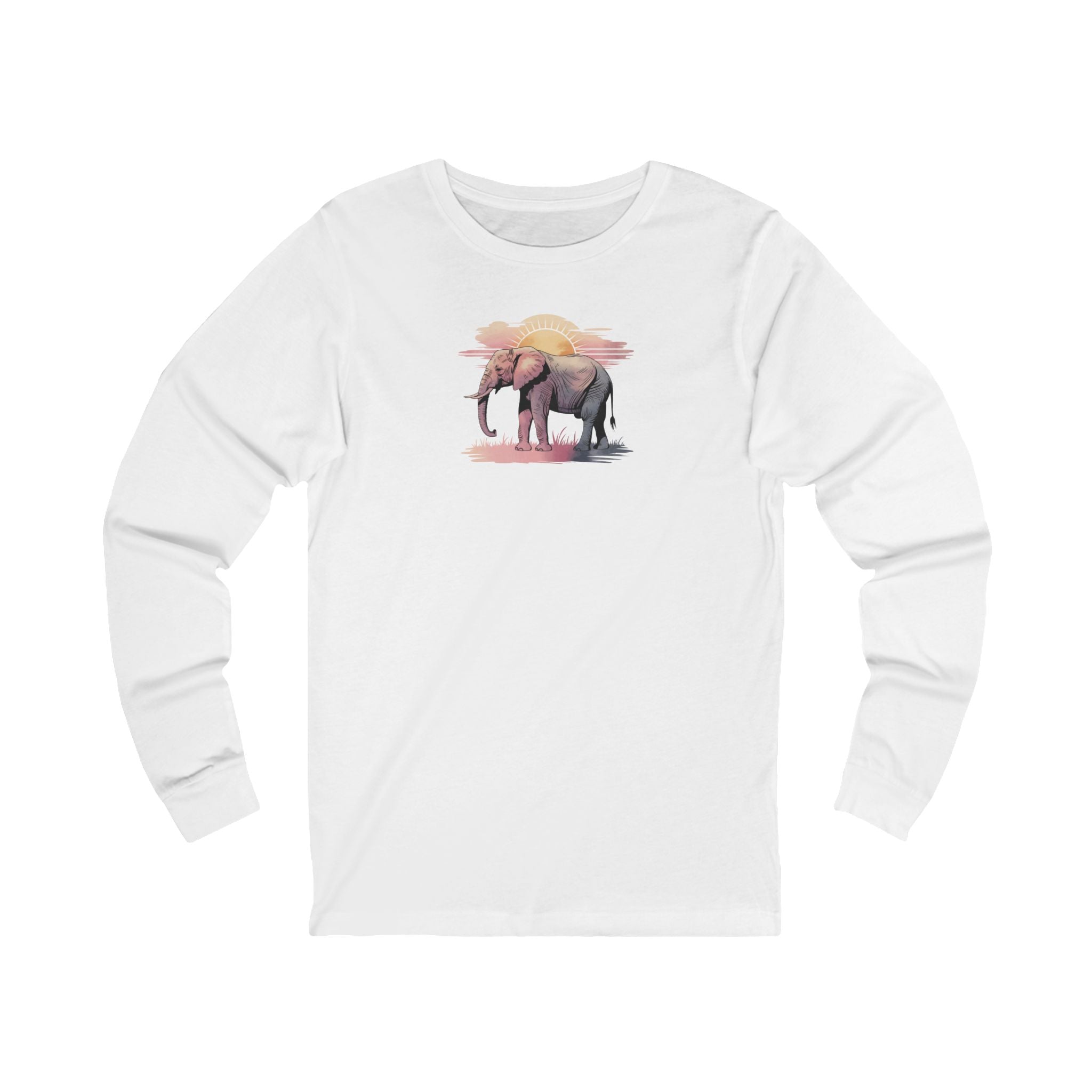 Elephant Watercolor Long Sleeve Tee – Bella+Canvas 3501 (White Unisex Nature Shirt)