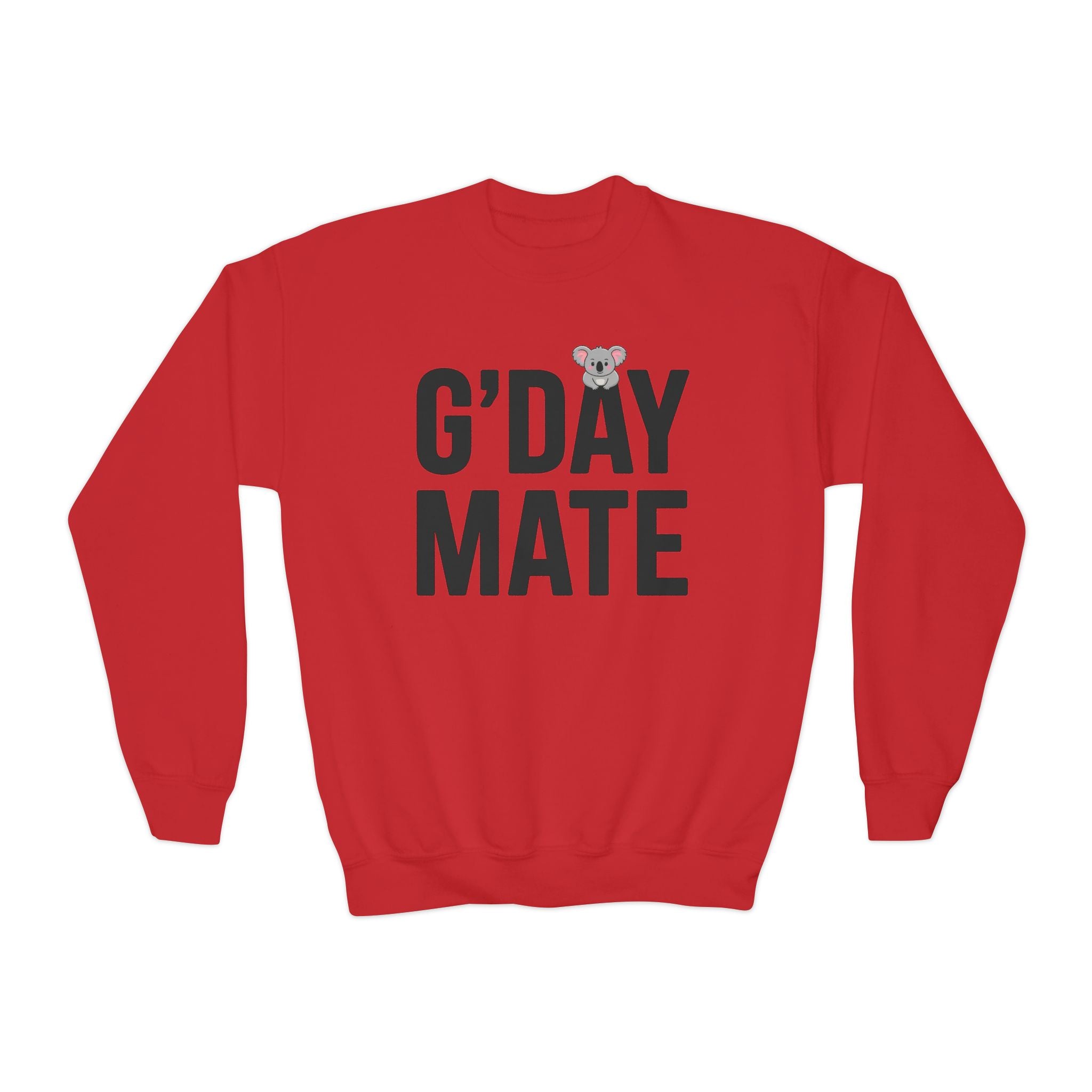 G’DAY MATE Youth Sweatshirt – Gildan 18000B (White or Red Kids Greeting Crewneck)