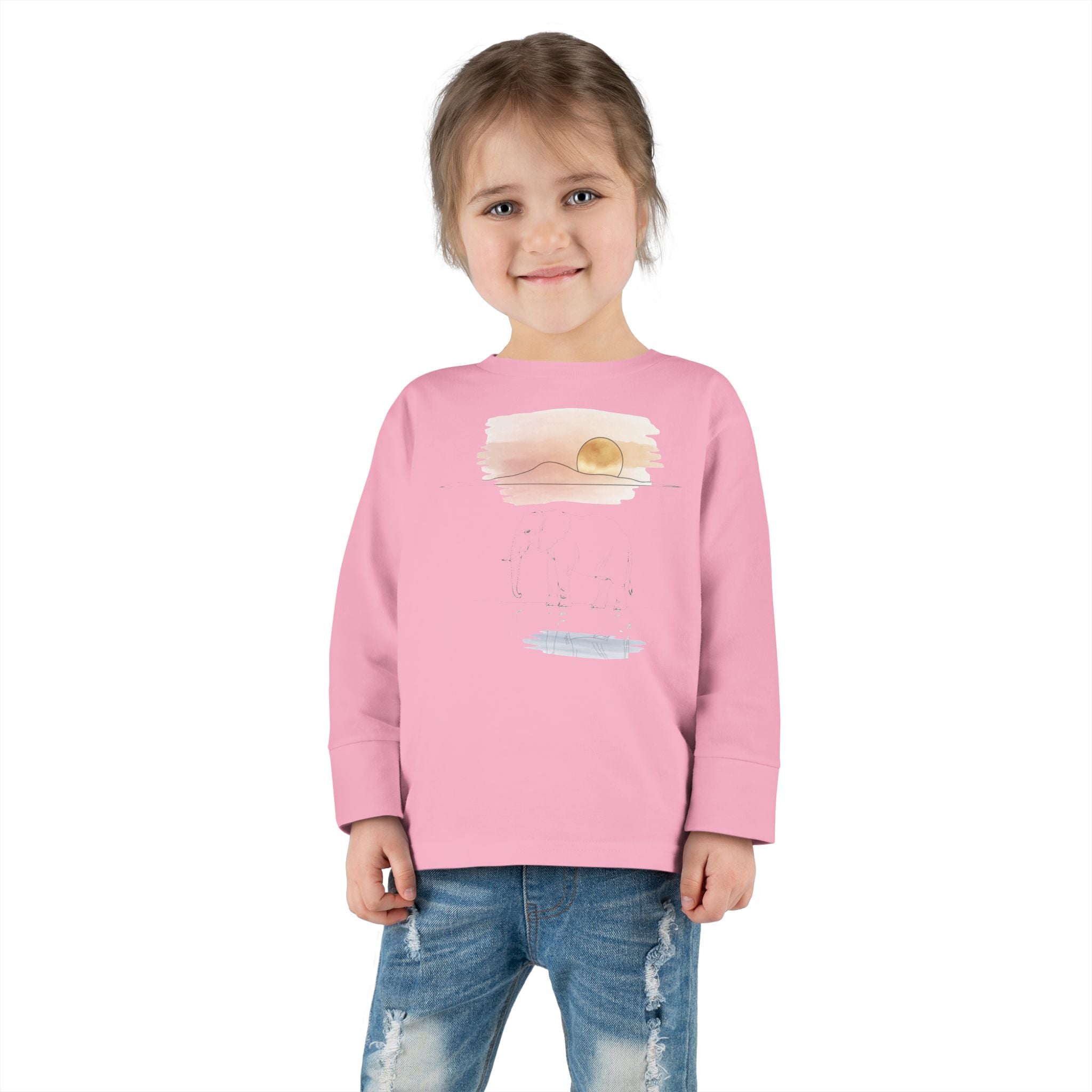 Elephant Watercolor Toddler Long Sleeve – Rabbit Skins 3302 (Pink Kids Nature Shirt)