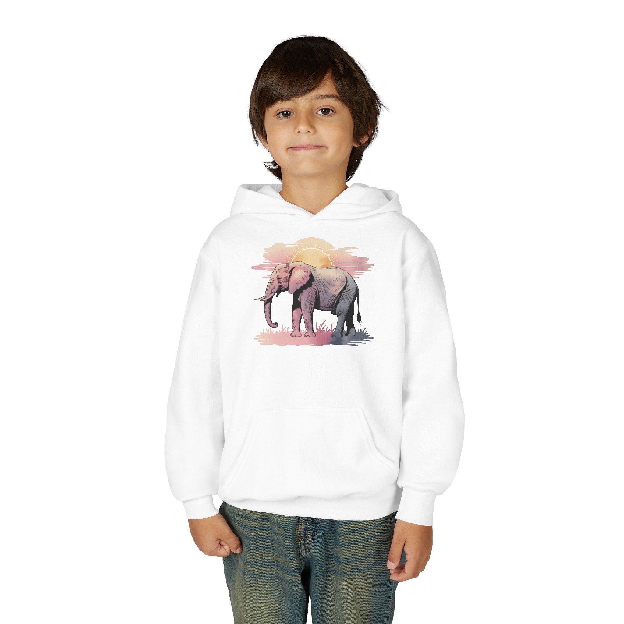 Elephant Watercolor Youth Hoodie – Gildan 18500B (White Kids Nature Sweatshirt)