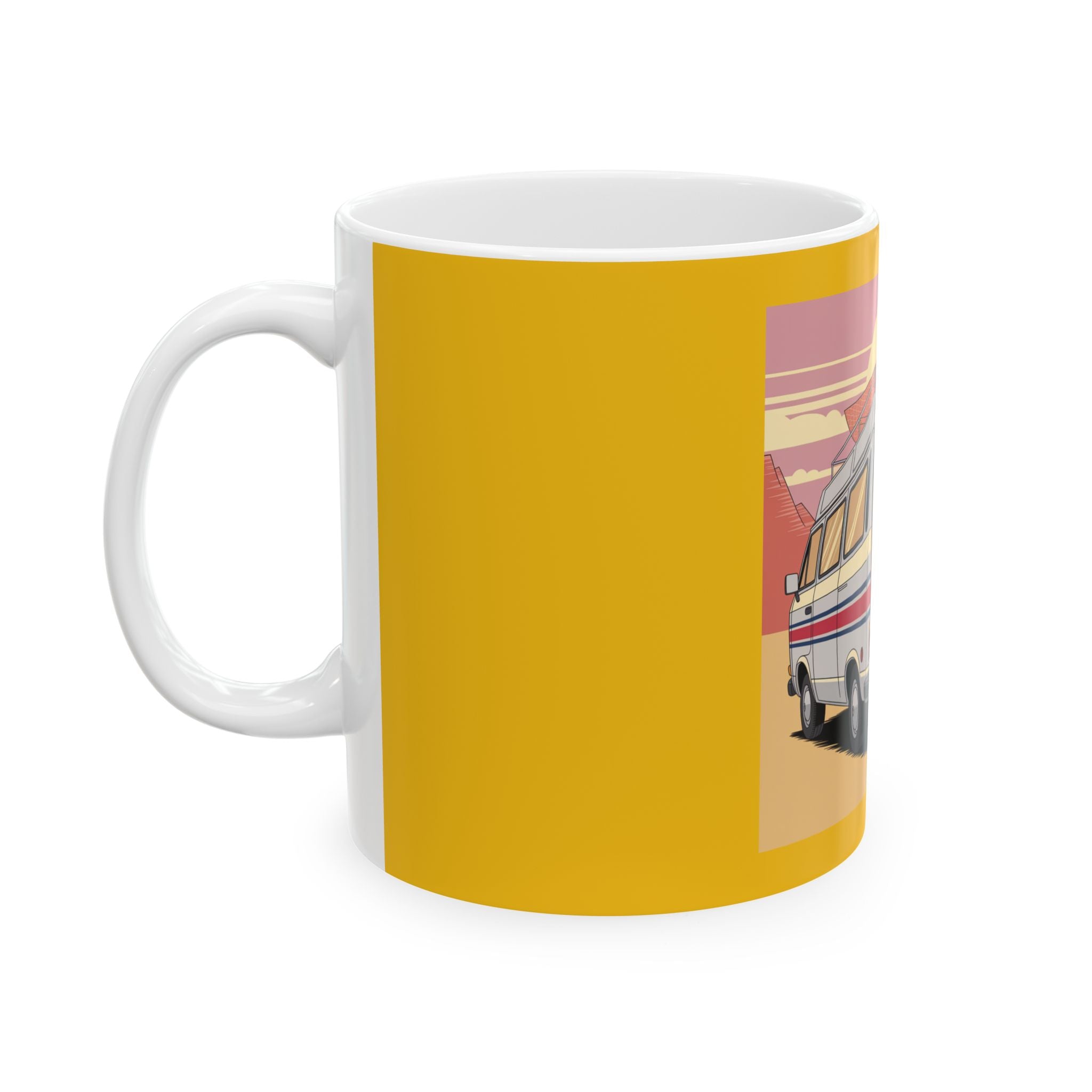Old Couple Van Life Desert Mug – Yellow Ceramic Coffee Cup (11oz or 15oz Scenic Camper Design)