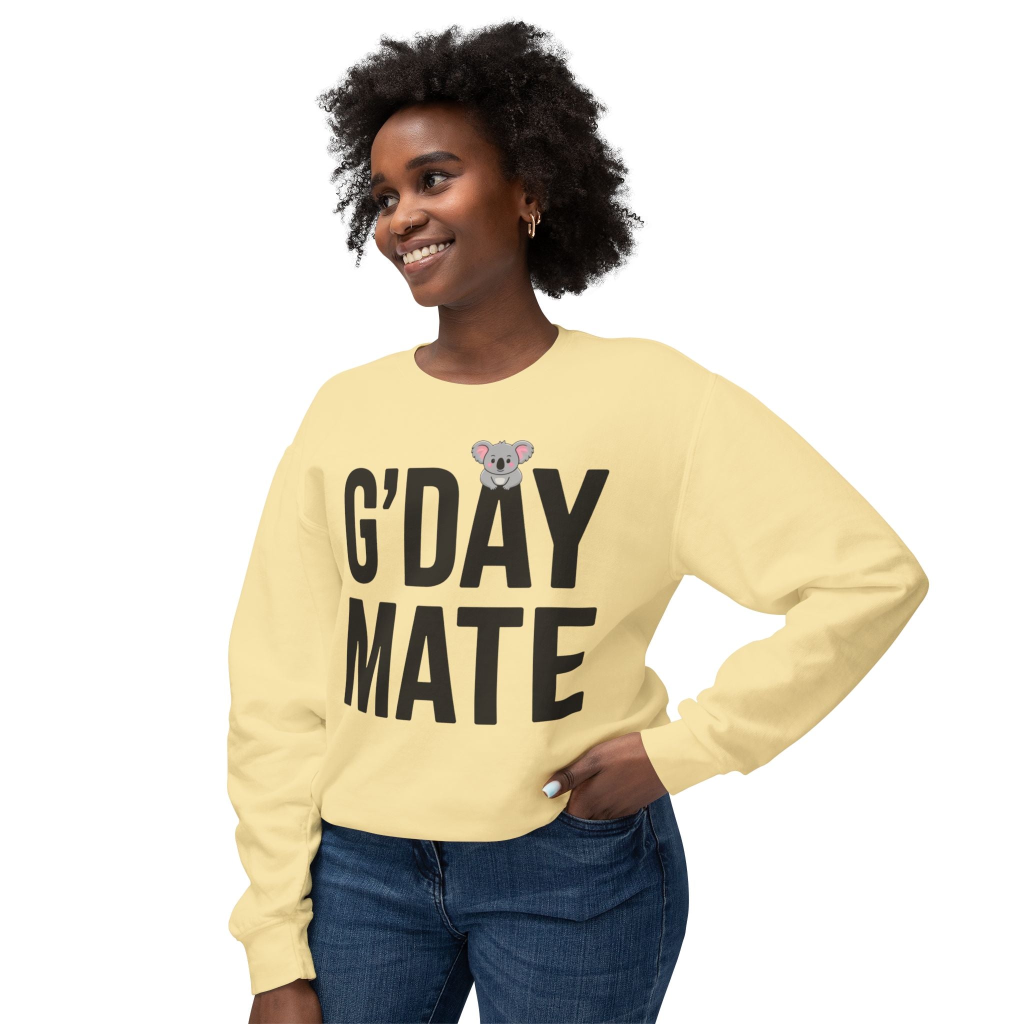 G’DAY MATE Sweatshirt – Comfort Colors 1466 (White or Butter Unisex Greeting Crewneck)