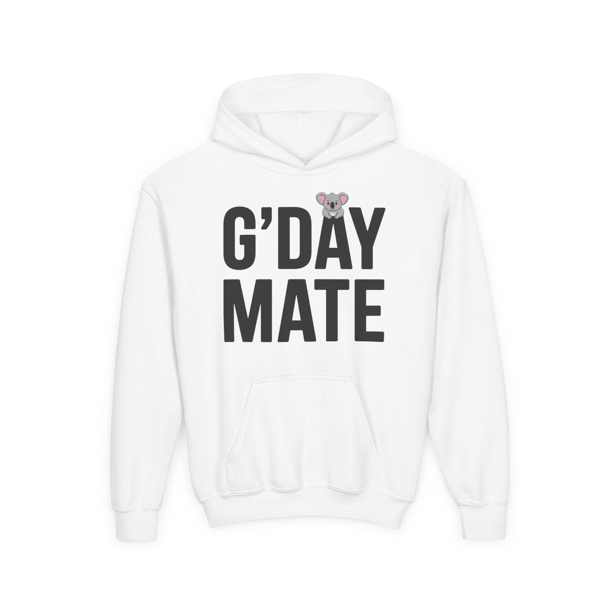 G’DAY MATE Youth Hoodie – Gildan 18500B (White or Gold Kids Greeting Sweatshirt)