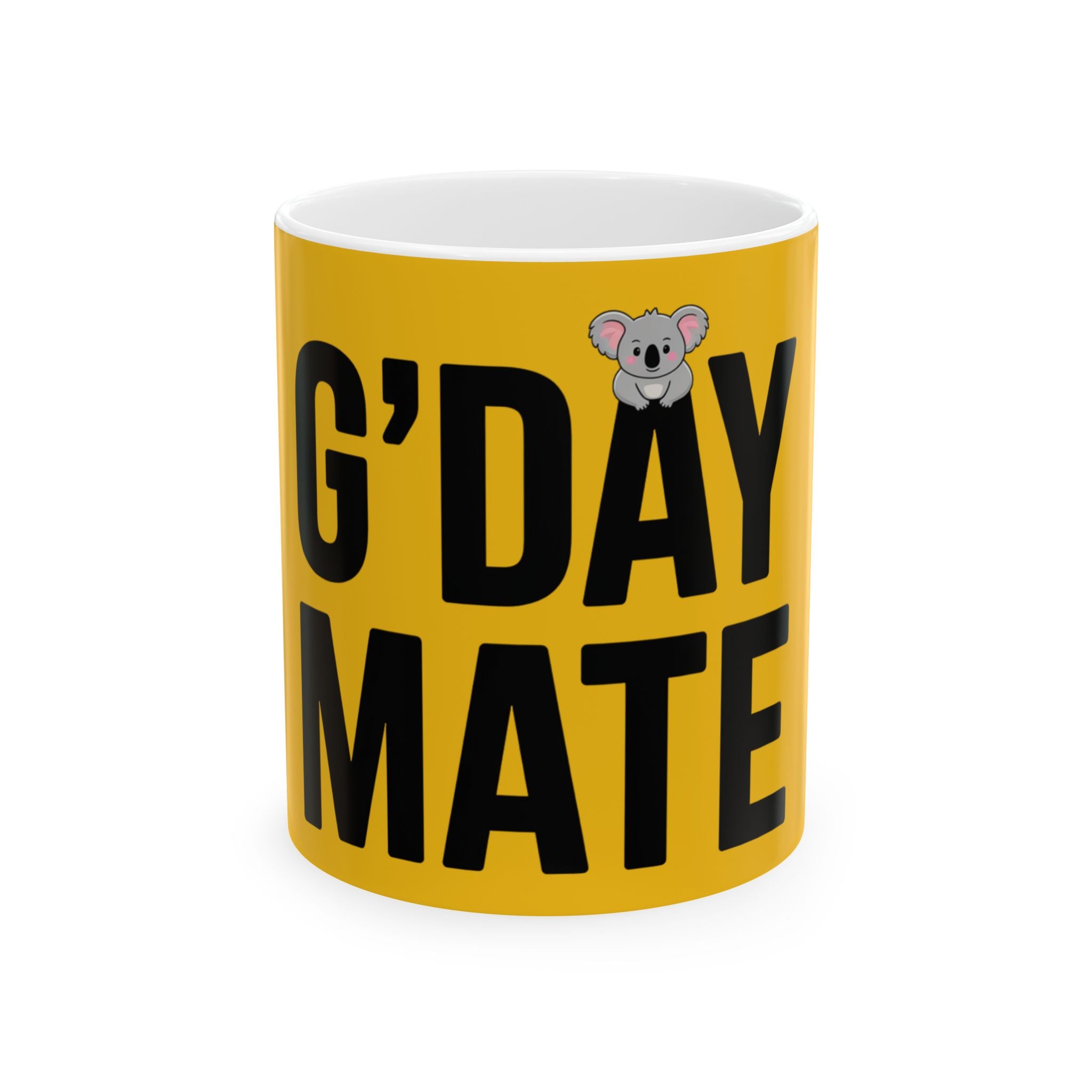 G’DAY MATE Mug – Yellow Ceramic Coffee Cup (11oz or 15oz Greeting Design)