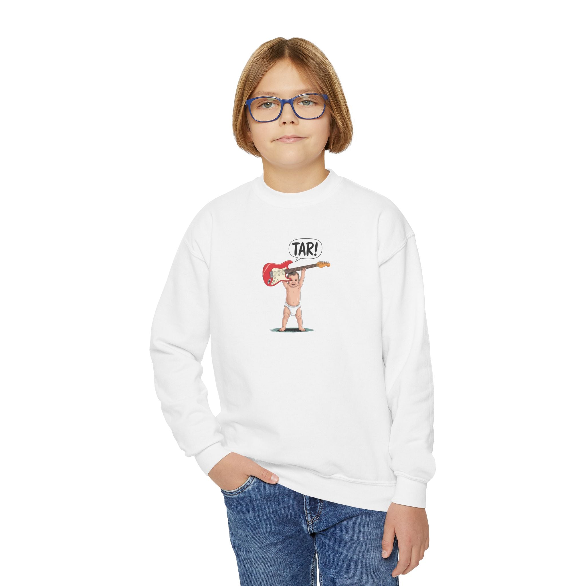 Tar! Electric Youth Sweatshirt – Gildan 18000B (White Kids Electric Guitar Crewneck)