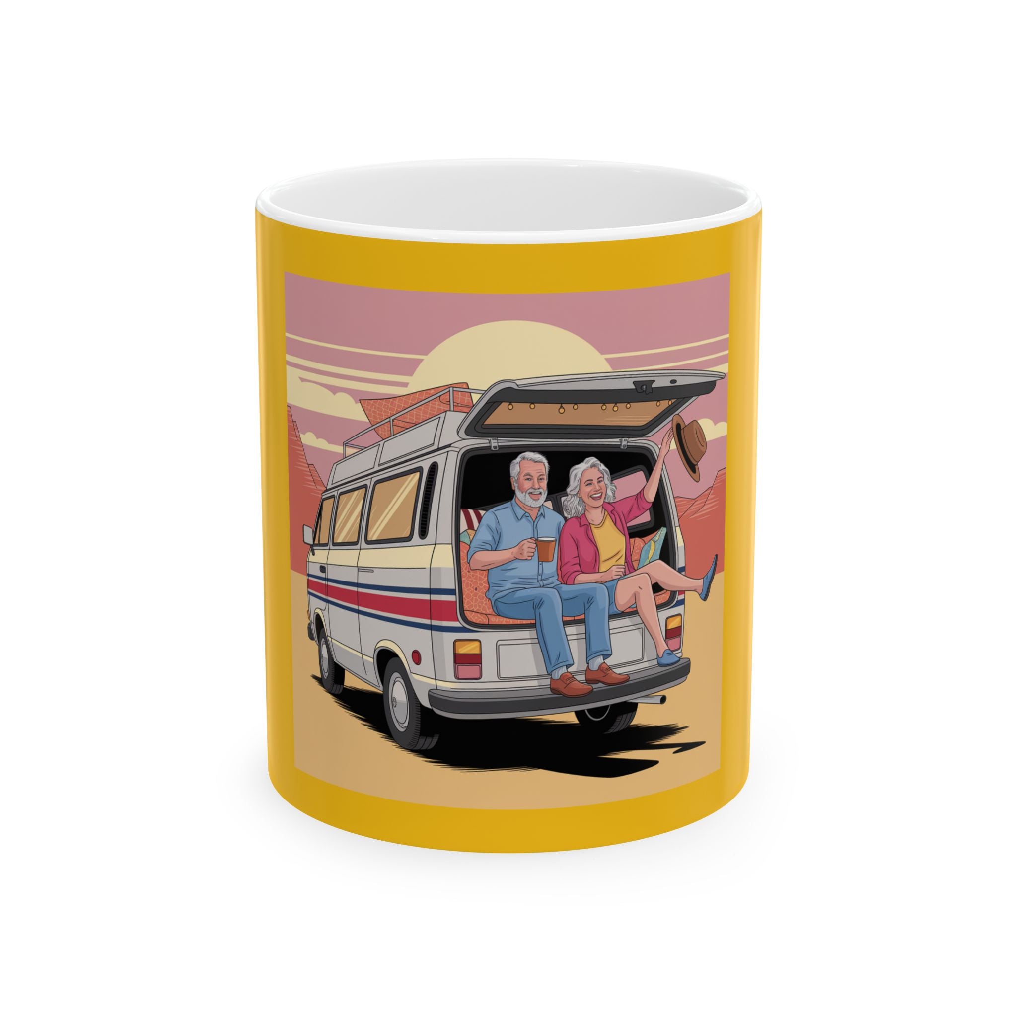 Old Couple Van Life Desert Mug – Yellow Ceramic Coffee Cup (11oz or 15oz Scenic Camper Design)