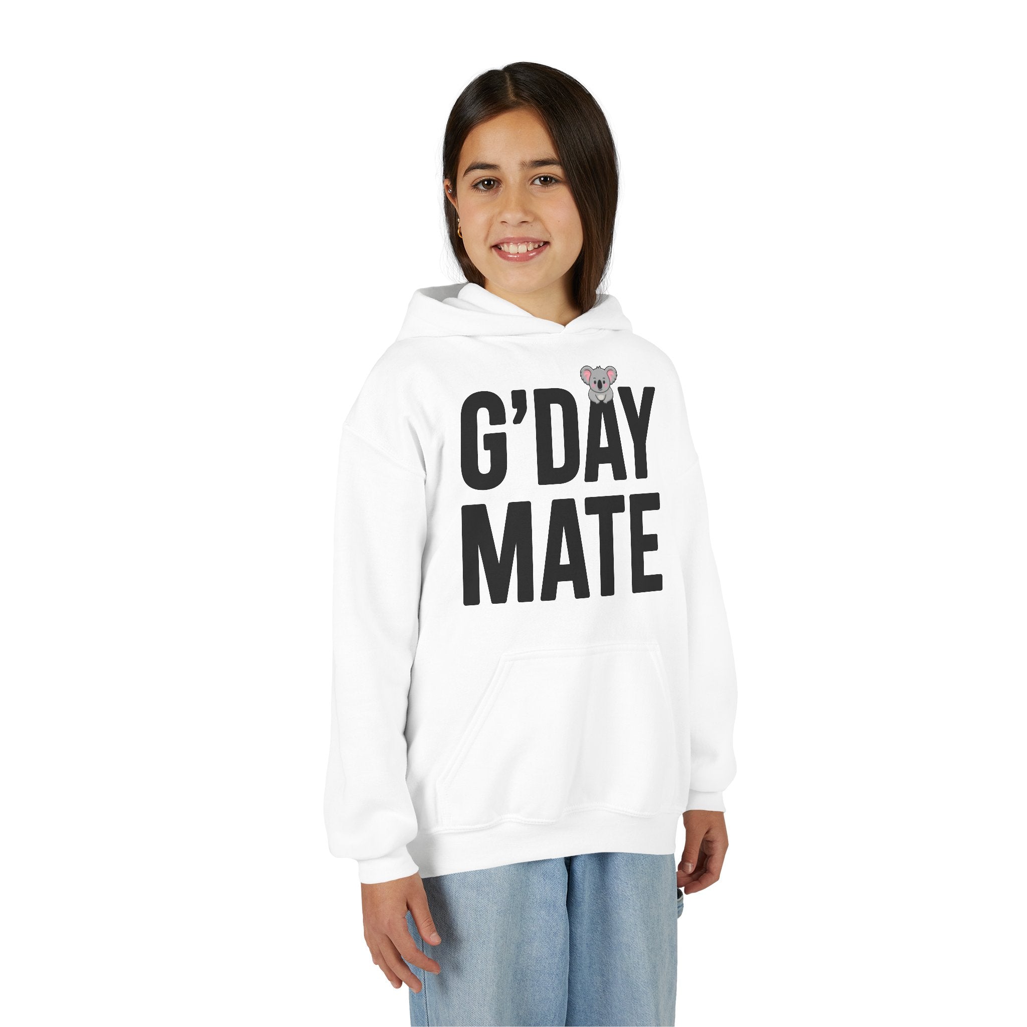 G’DAY MATE Youth Hoodie – Gildan 18500B (White or Gold Kids Greeting Sweatshirt)