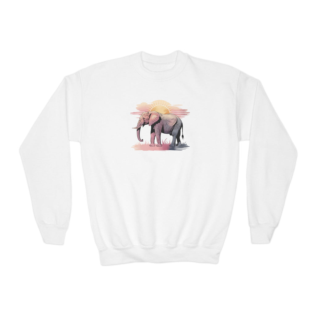 Elephant Watercolor Youth Sweatshirt – Gildan 18000B (White Kids Nature Crewneck)