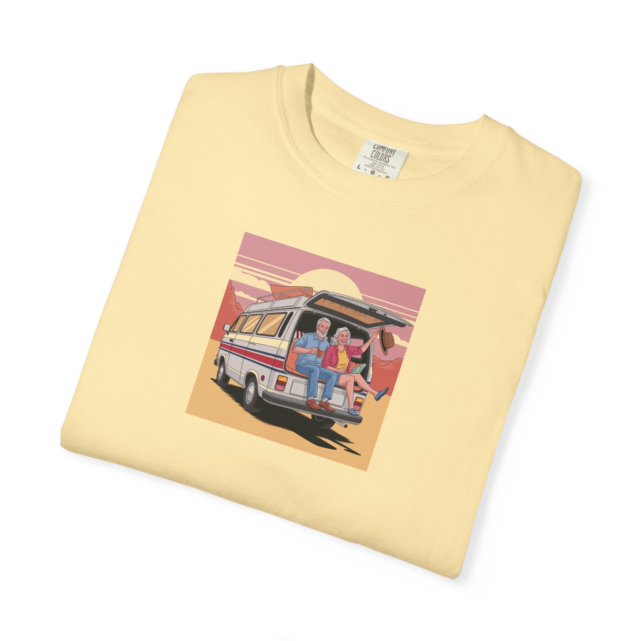 Old Couple Van Life Desert Tee – Comfort Colors 1717 (Banana Yellow Scenic Graphic Shirt)