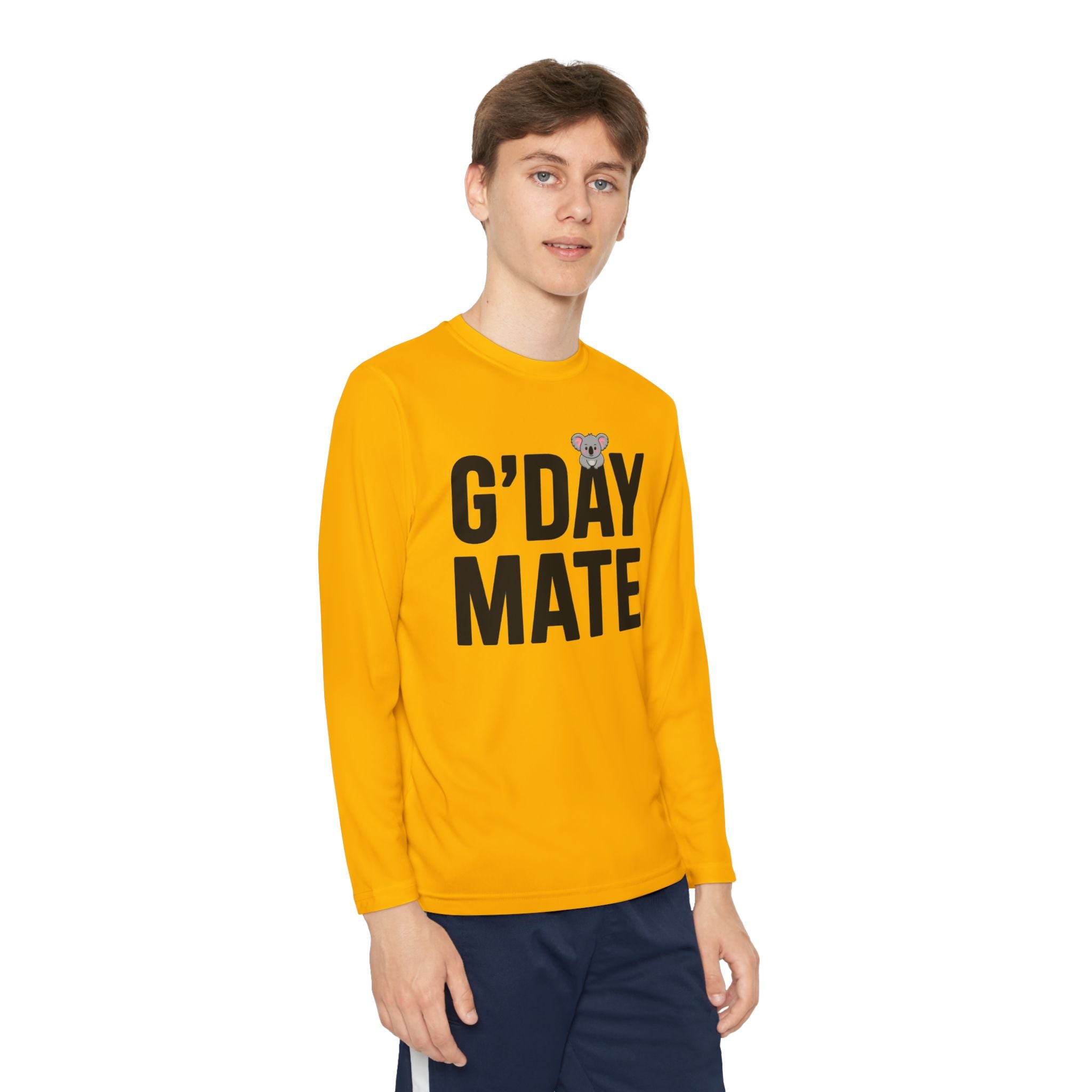 G’DAY MATE Youth Long Sleeve – Sport-Tek YST350LS (White or Gold Kids Performance Shirt)