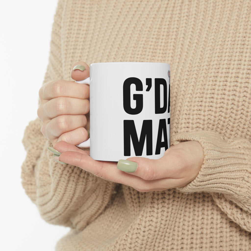 G’DAY MATE Mug – White Ceramic Coffee Cup (11oz or 15oz Greeting Design)