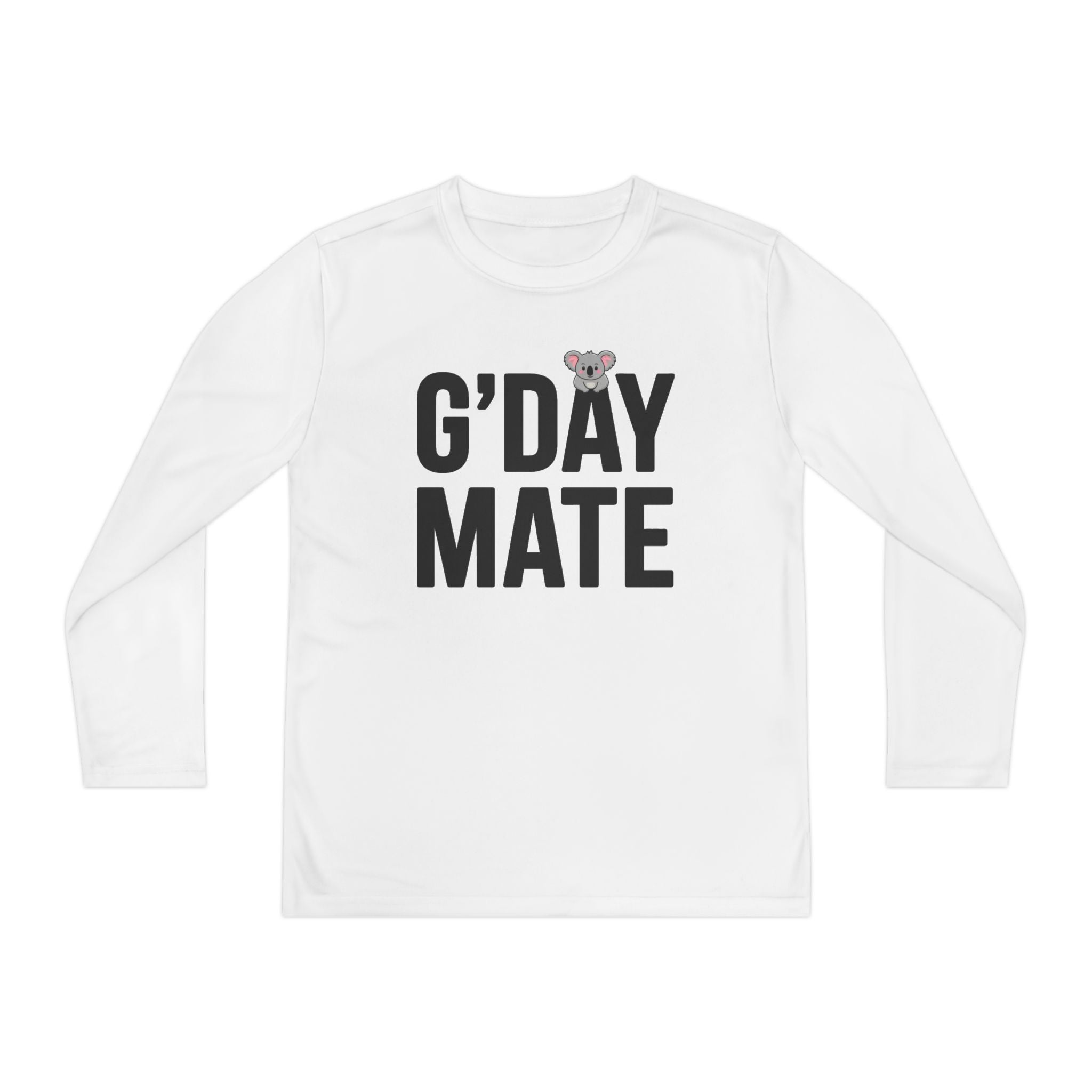 G’DAY MATE Youth Long Sleeve – Sport-Tek YST350LS (White or Gold Kids Performance Shirt)