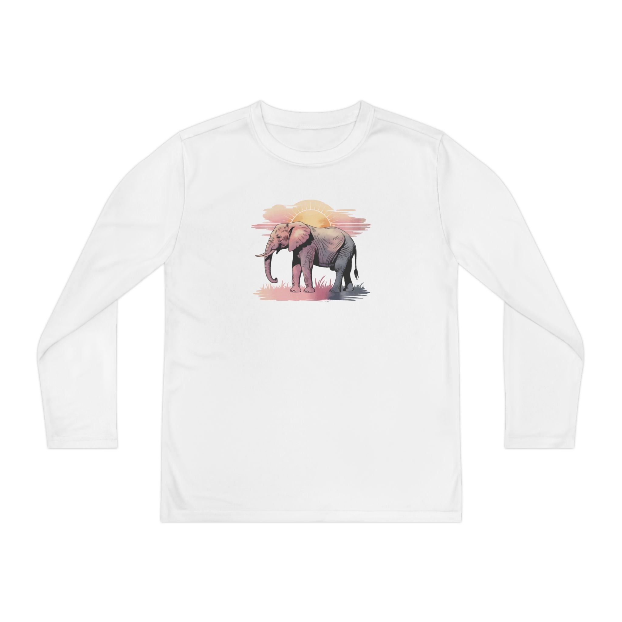 Elephant Watercolor Youth Long Sleeve – Sport-Tek YST350LS (White Kids Nature Performance Shirt)