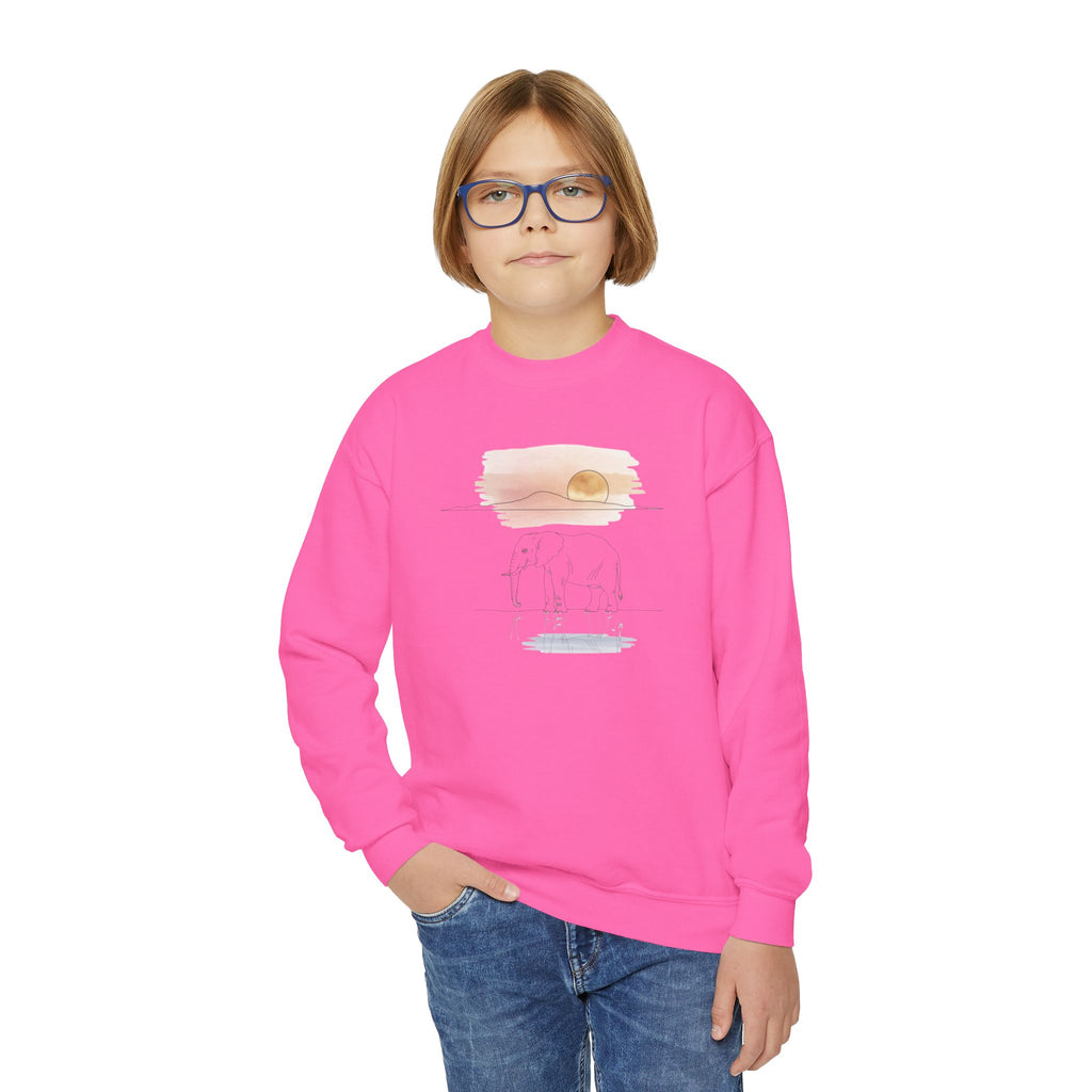 Elephant Watercolor Youth Sweatshirt – Gildan 18000B (Safety Pink Kids Nature Crewneck)