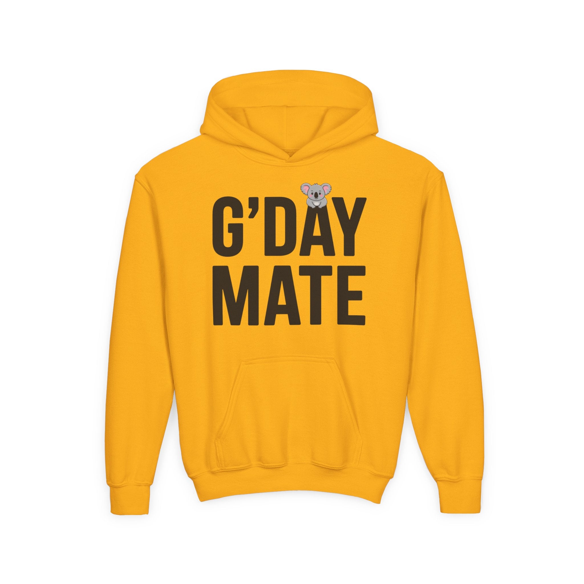 G’DAY MATE Youth Hoodie – Gildan 18500B (White or Gold Kids Greeting Sweatshirt)